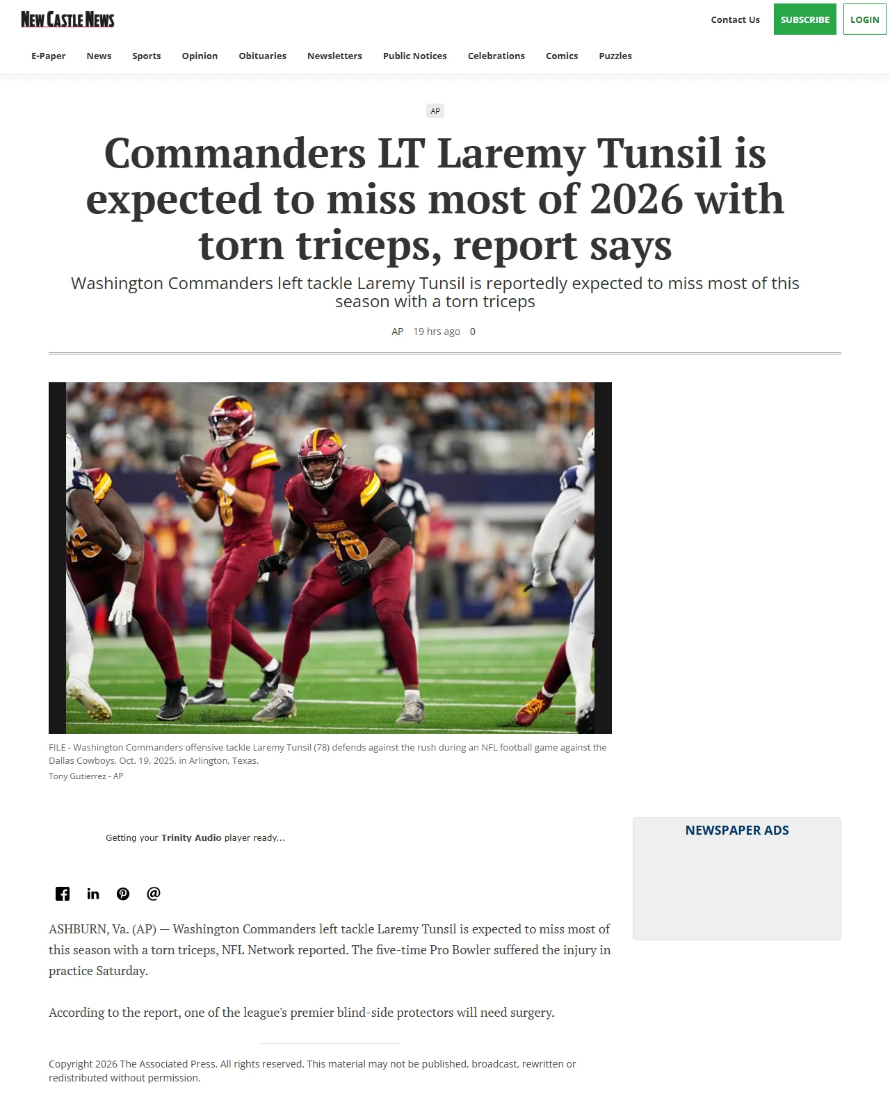 ncnewsonline.com as published: Commanders LT Laremy Tunsil is expected to miss most of 2026 with torn triceps, report says