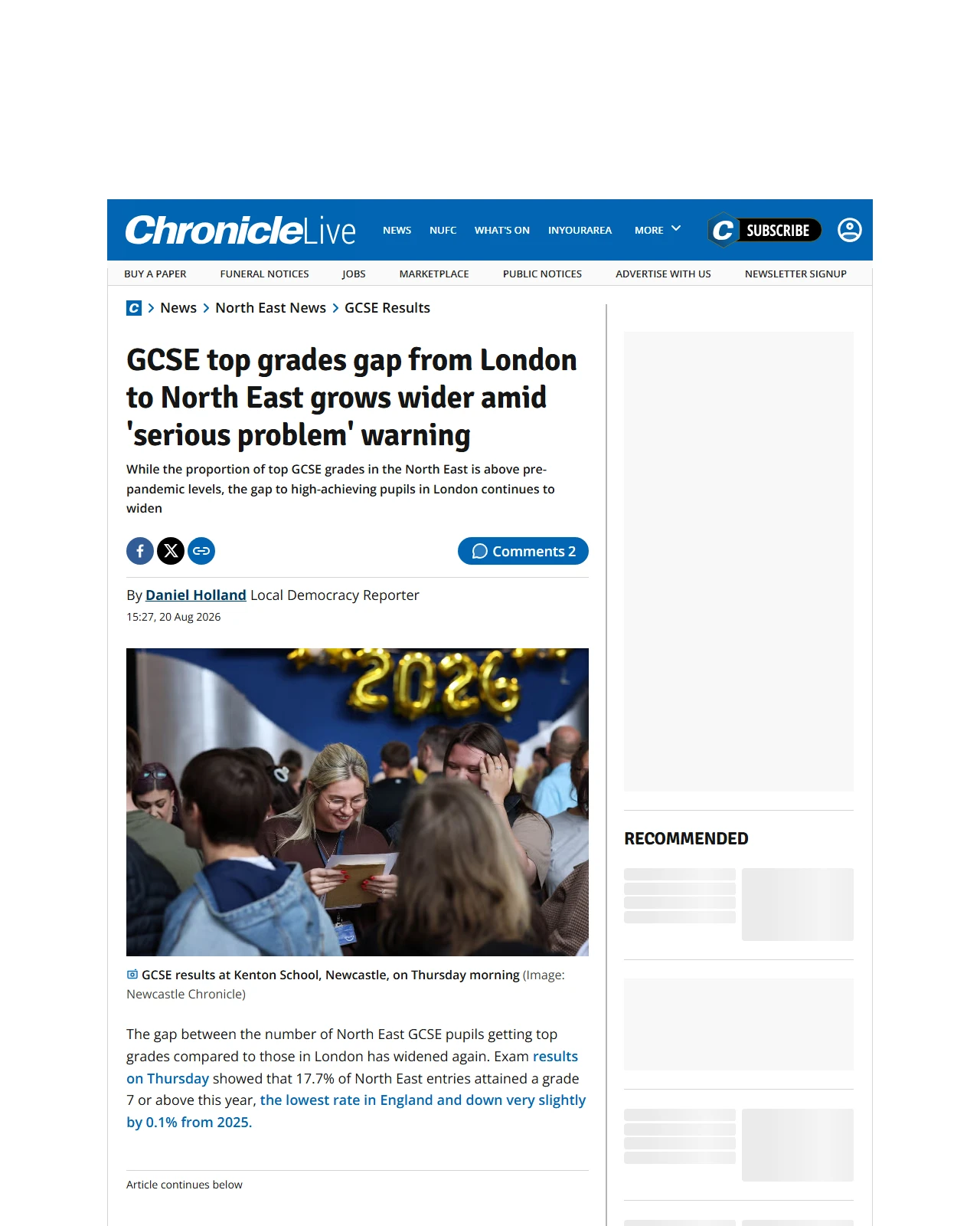 chroniclelive.co.uk as published: GCSE top grades gap from London to North East grows wider amid 'serious problem' warning