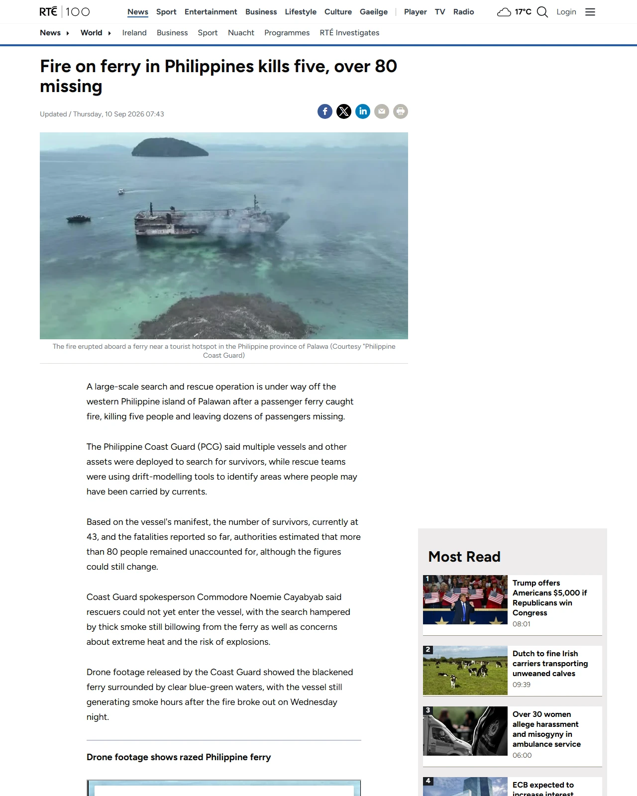 rte.ie as published: Fire on ferry in Philippines kills five, over 80 missing