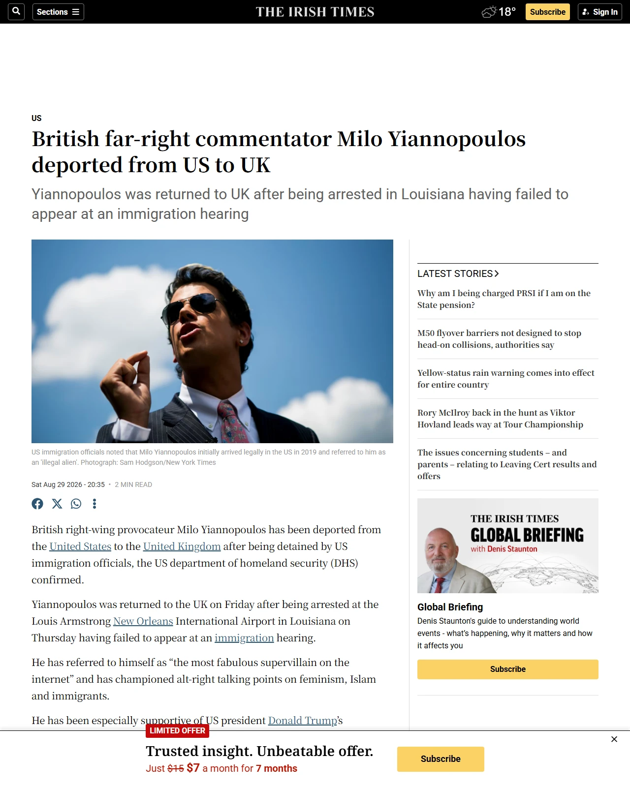 irishtimes.com as published: British far-right commentator Milo Yiannopoulos deported from US to UK