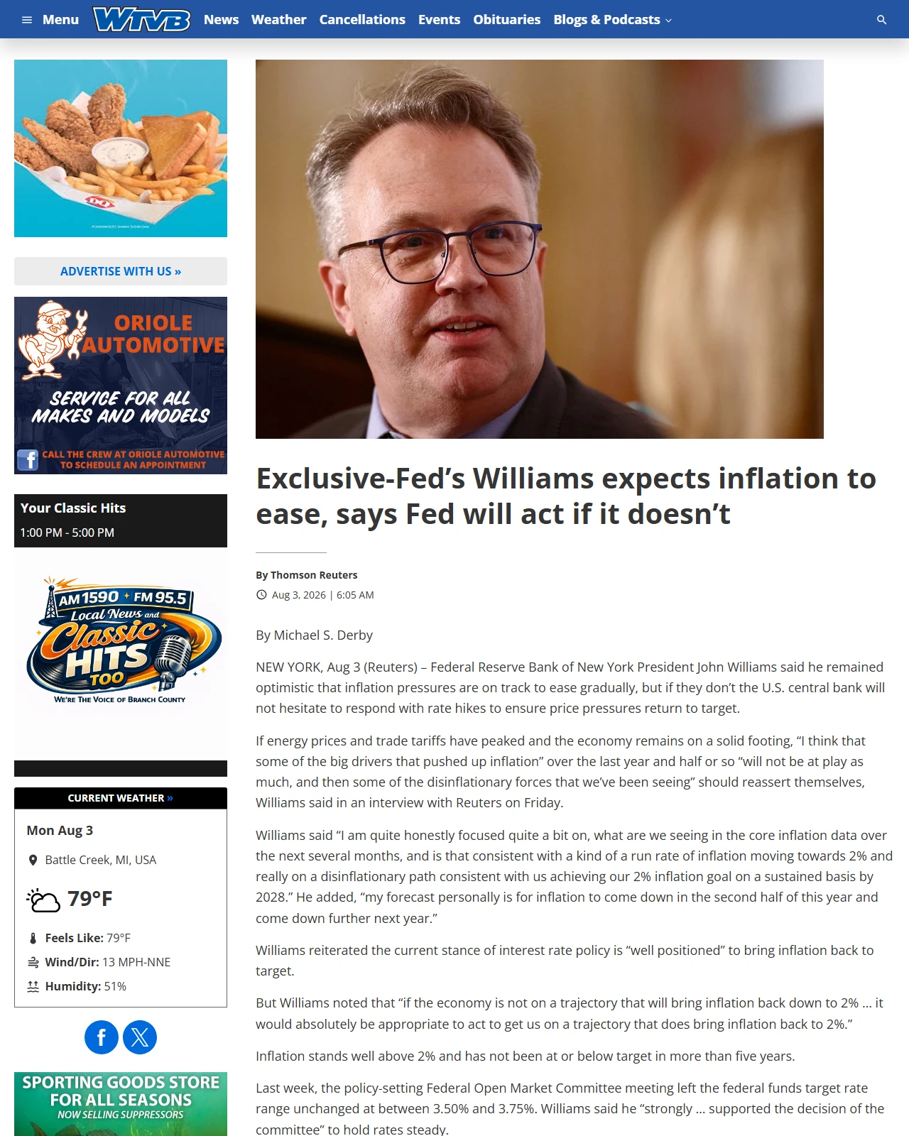 wtvbam.com as published: Exclusive-Fed’s Williams expects inflation to ease, says Fed will act if it doesn’t