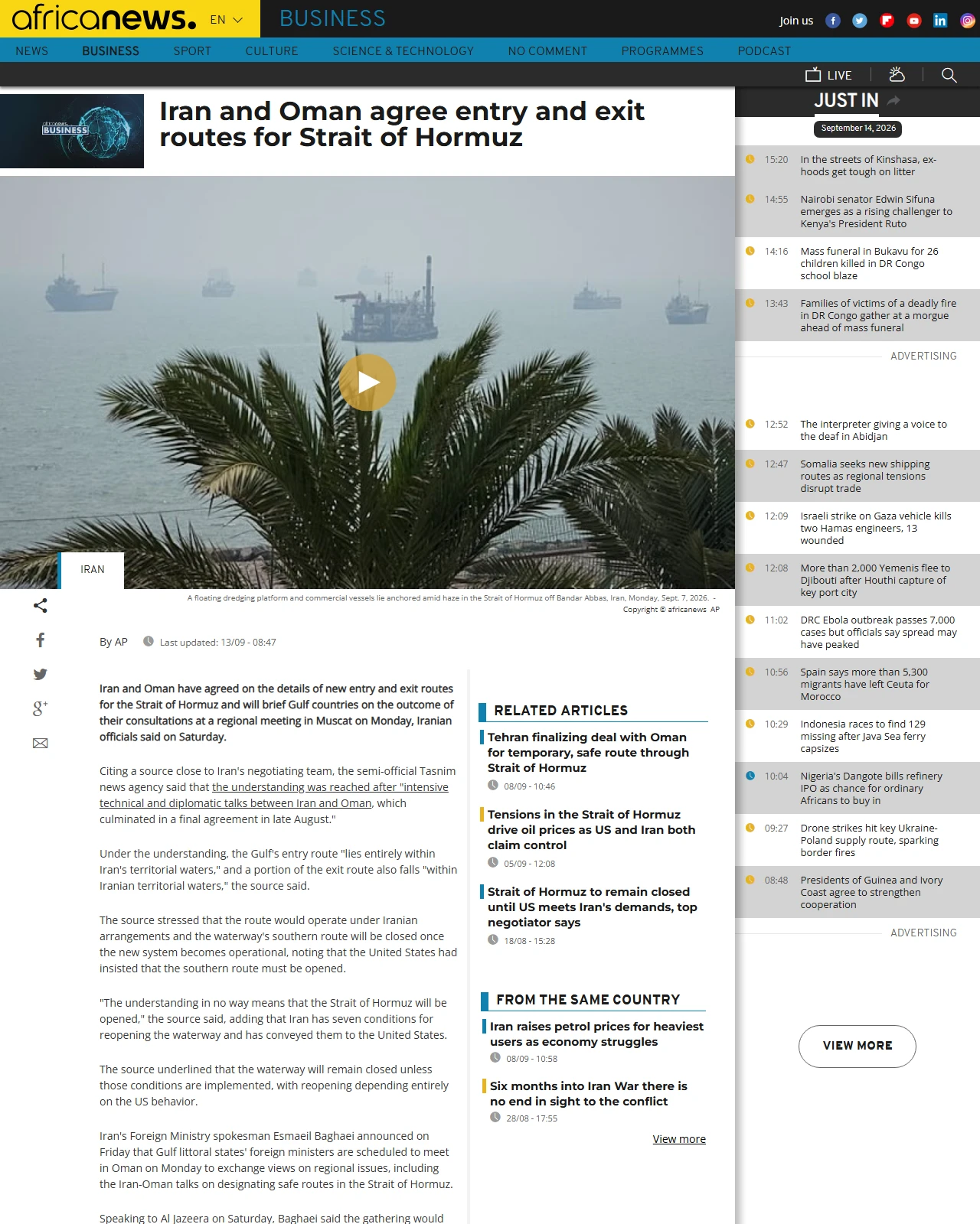 africanews.com as published: Iran and Oman agree entry and exit routes for Strait of Hormuz