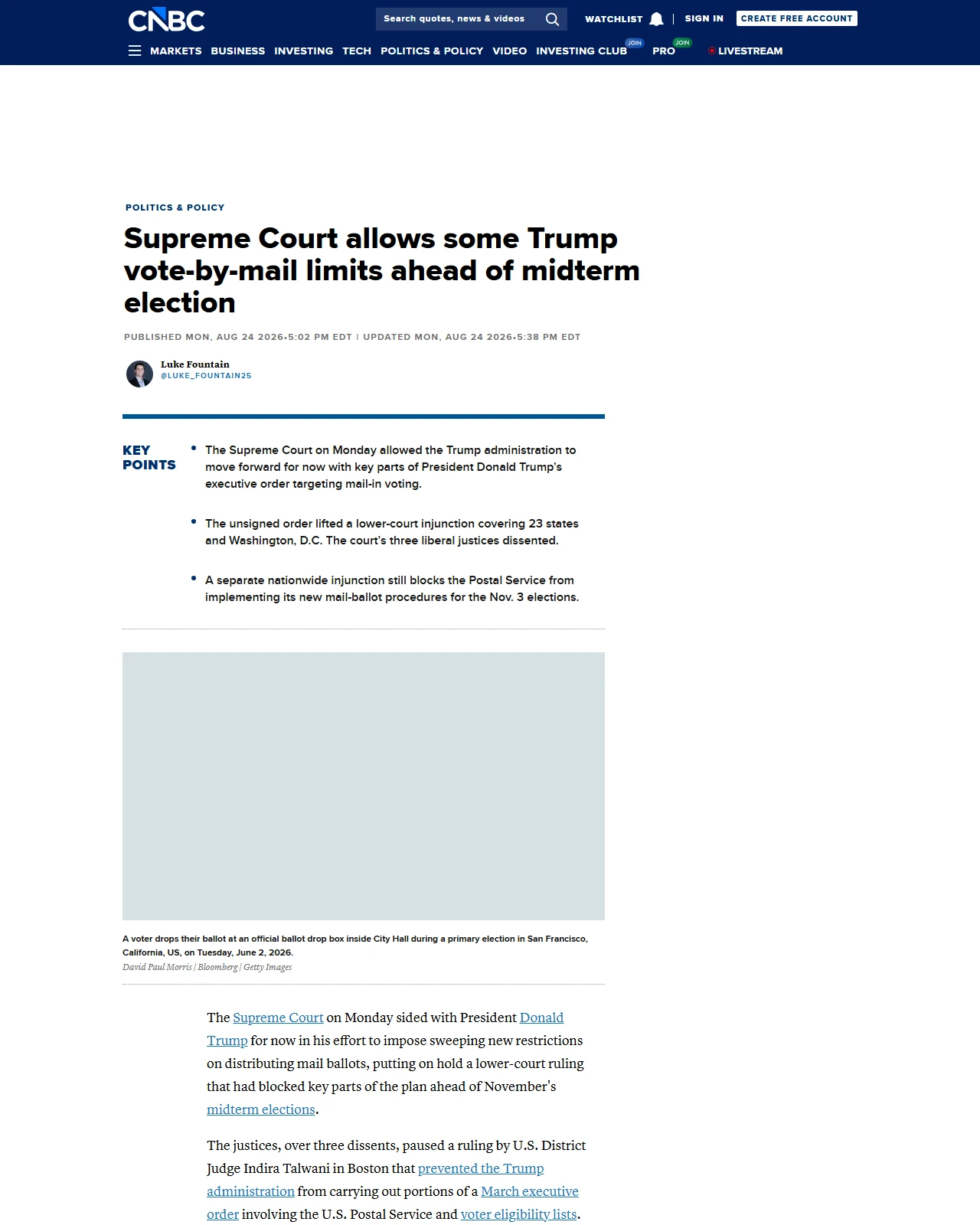 cnbc.com as published: Supreme Court allows some Trump vote-by-mail limits ahead of midterm election