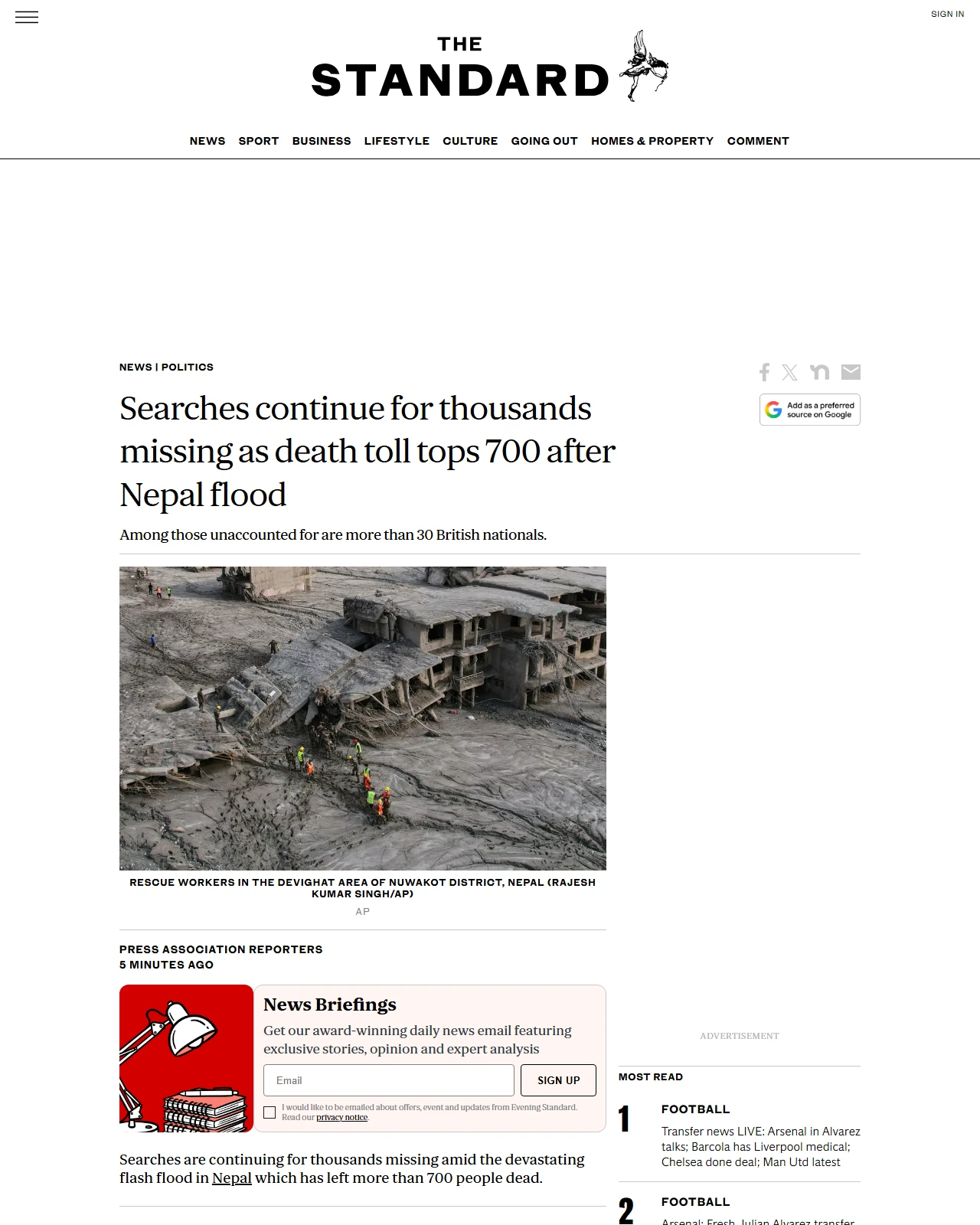 standard.co.uk as published: Searches continue for thousands missing as death toll tops 700 after Nepal flood