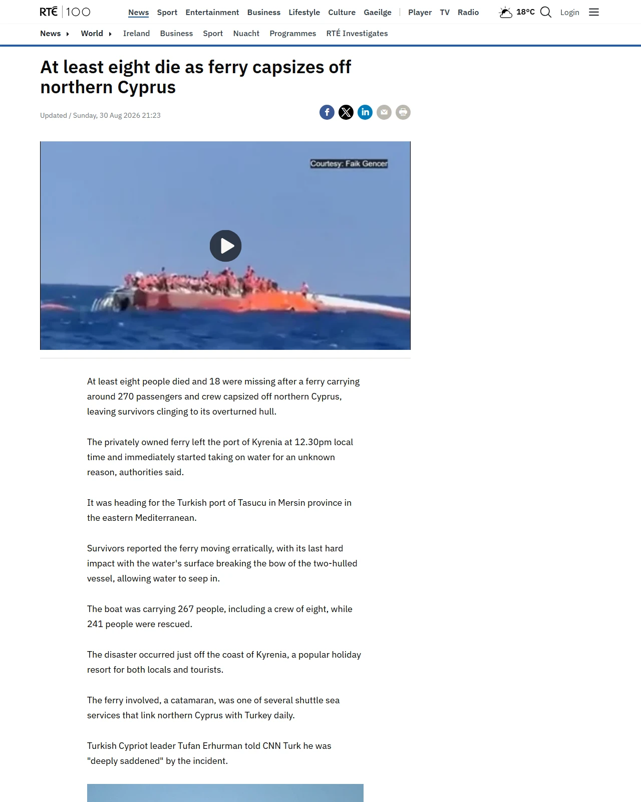 rte.ie as published: At least eight die as ferry capsizes off northern Cyprus