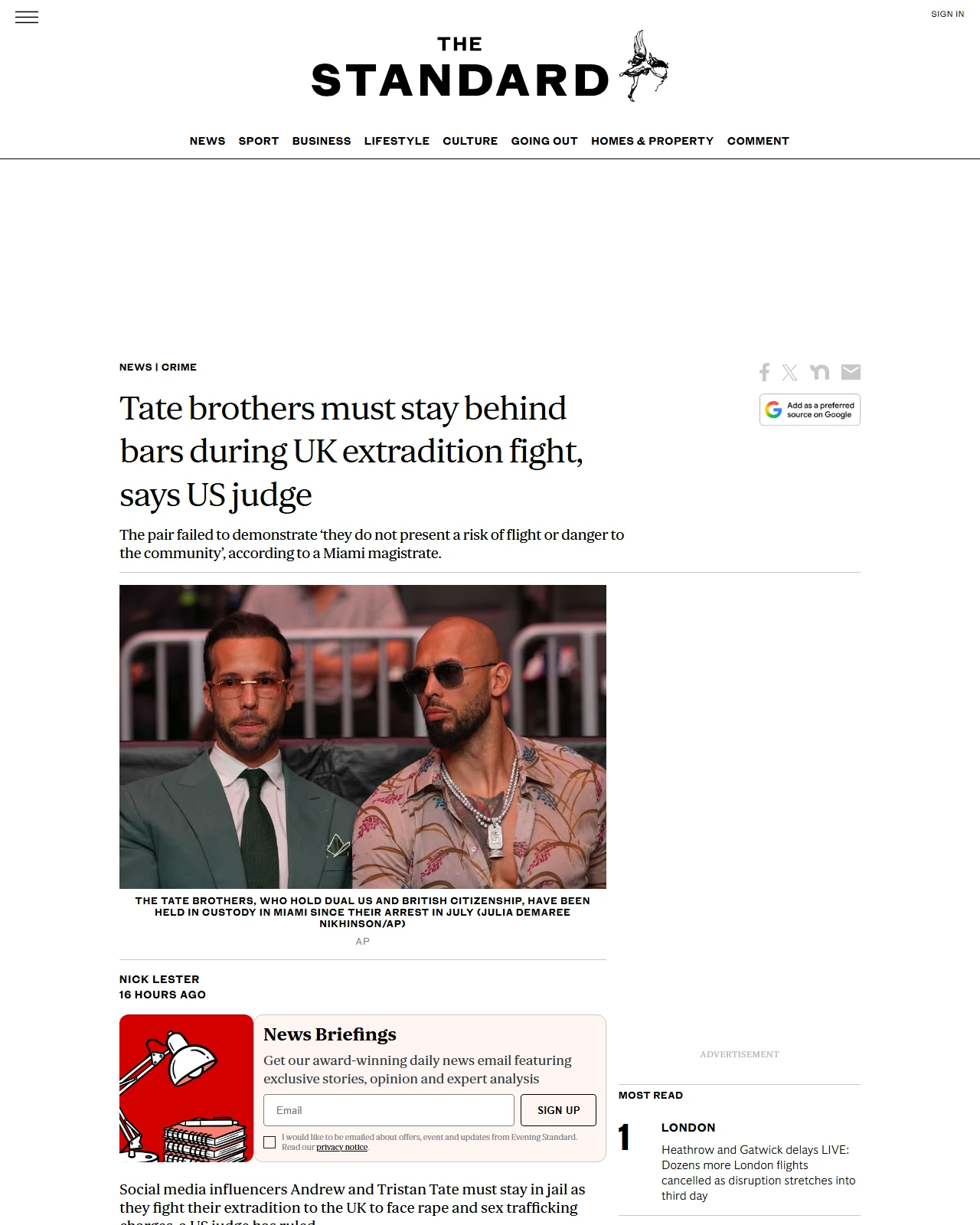 standard.co.uk as published: Tate brothers must stay behind bars during UK extradition fight, says US judge
