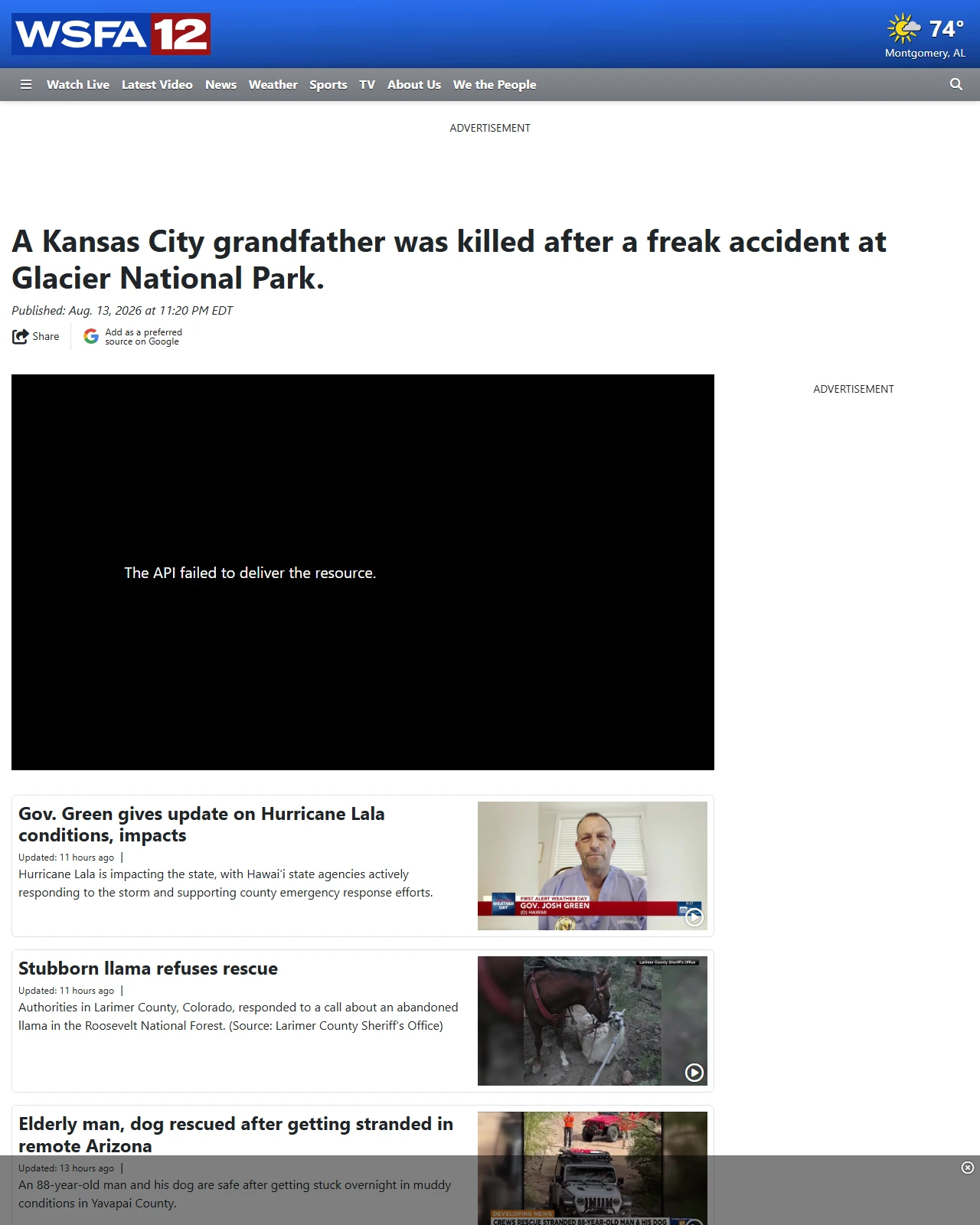 wsfa.com as published: A Kansas City grandfather was killed after a freak accident at Glacier National Park.