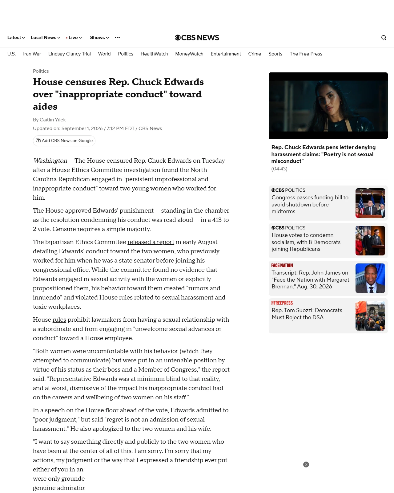 cbsnews.com as published: House censures Rep. Chuck Edwards over "inappropriate conduct" toward aides