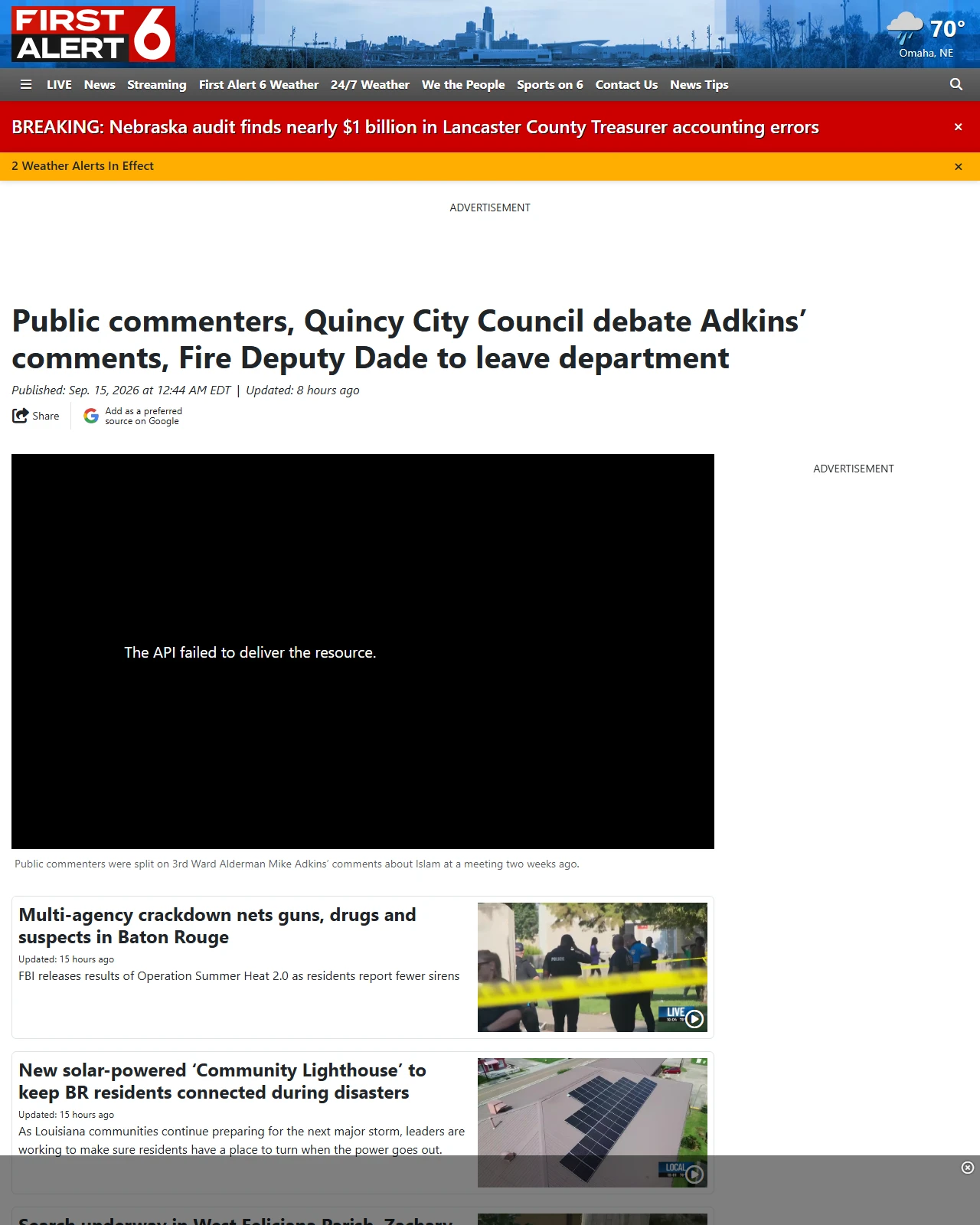 wowt.com as published: Public commenters, Quincy City Council debate Adkins’ comments, Fire Deputy Dade to leave department