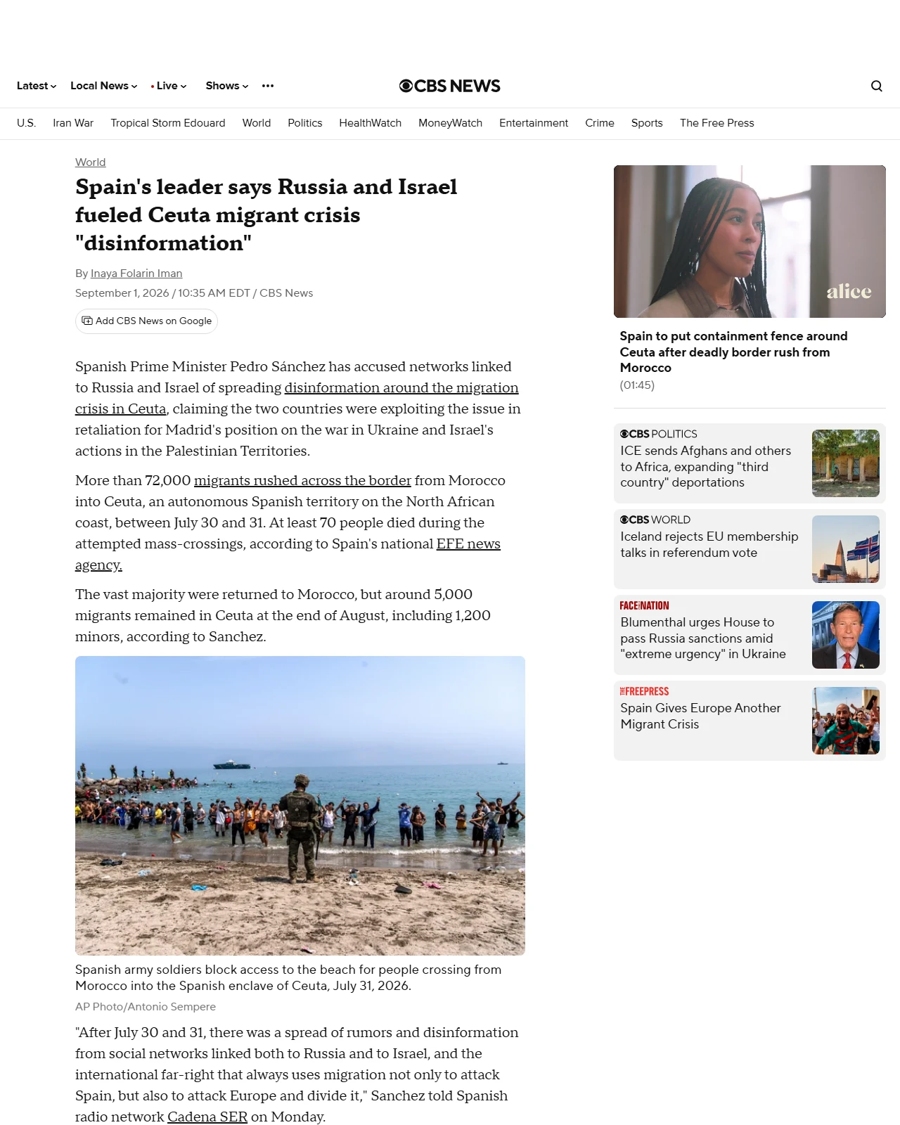 cbsnews.com as published: Spain's leader says Russia and Israel fueled Ceuta migrant crisis "disinformation"