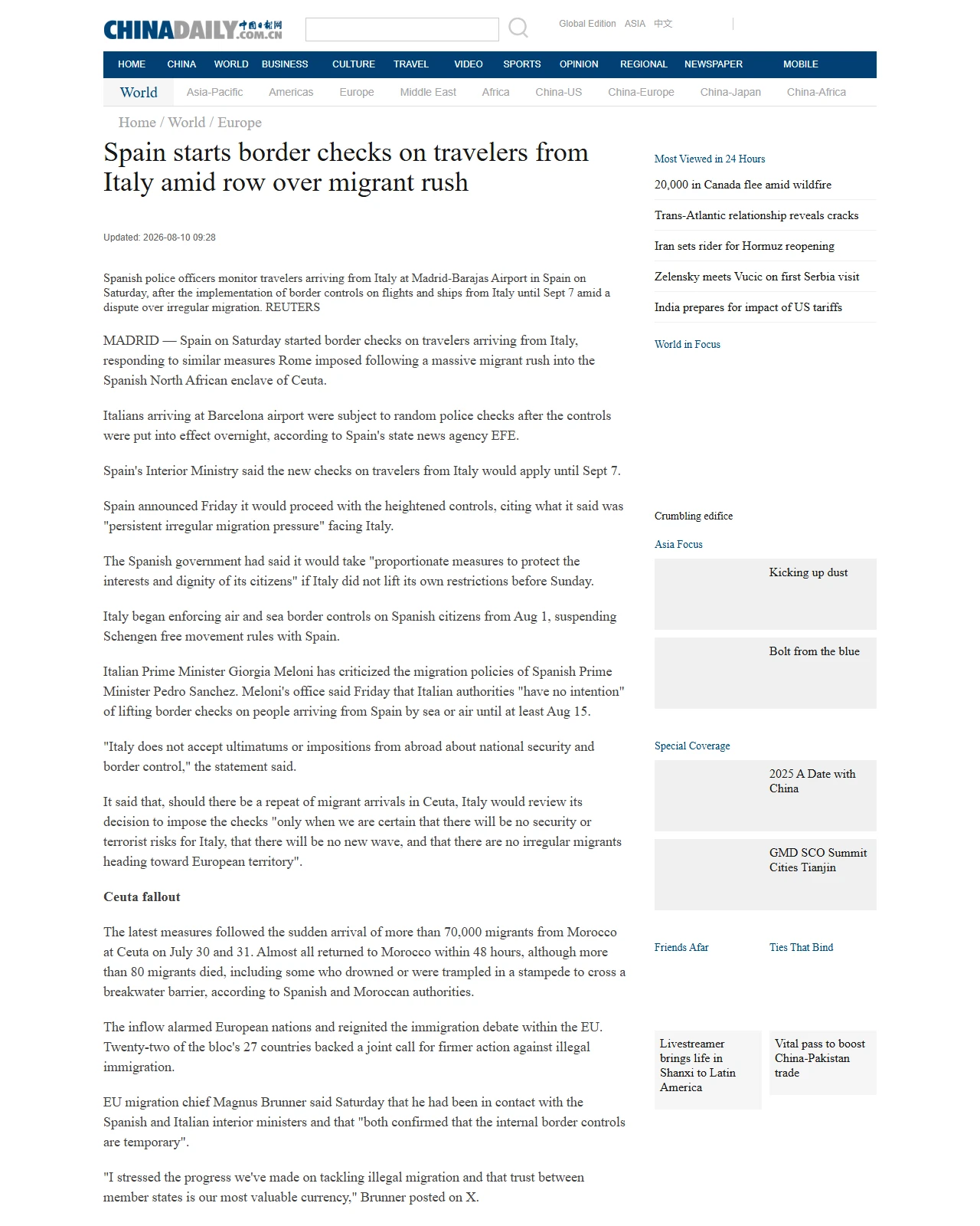 chinadaily.com.cn as published: Spain starts border checks on travelers from Italy amid row over migrant rush
