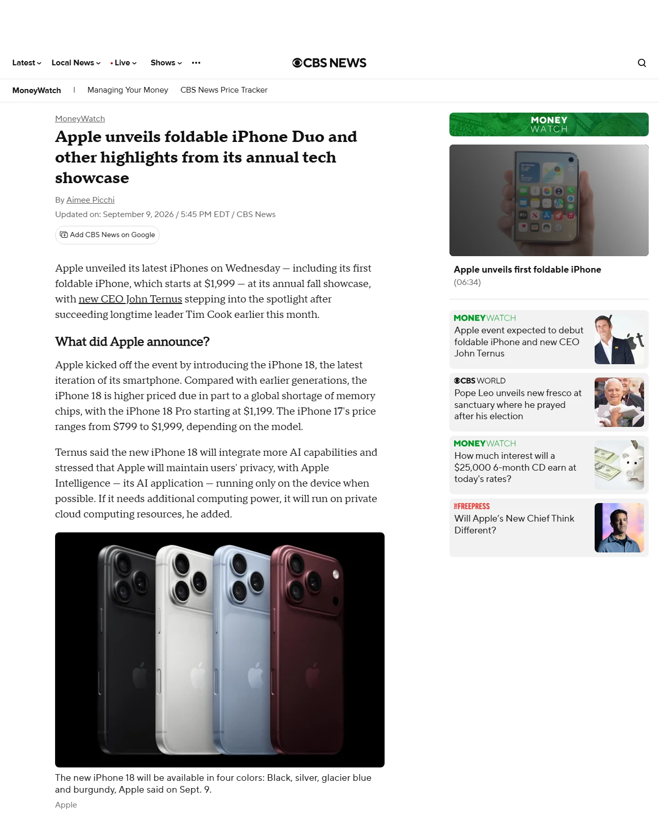 cbsnews.com as published: Apple unveils new foldable iPhone and more new devices