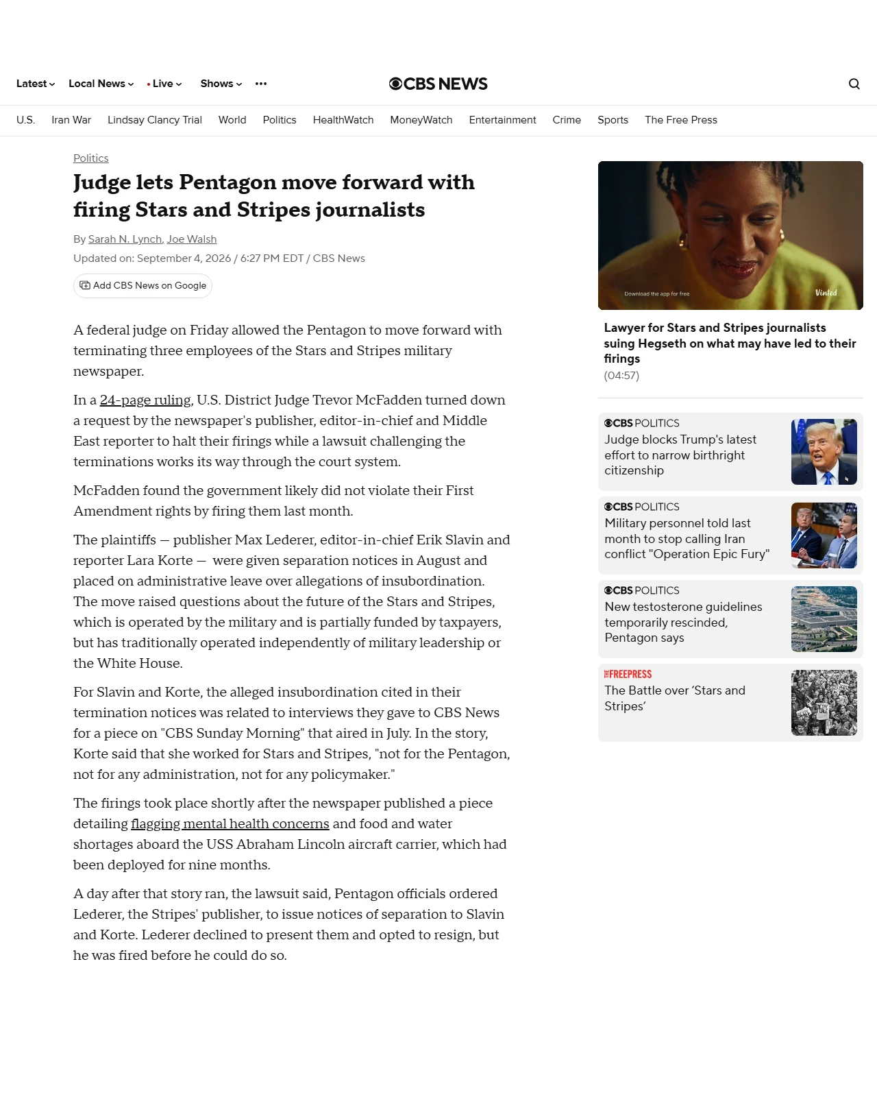 cbsnews.com as published: Judge lets Pentagon move forward with firing Stars and Stripes journalists
