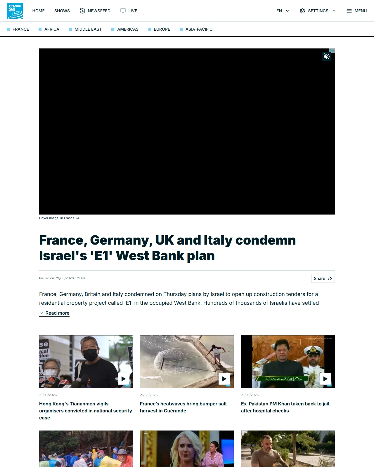 france24.com as published: France, Germany, UK and Italy condemn Israel's 'E1' West Bank plan