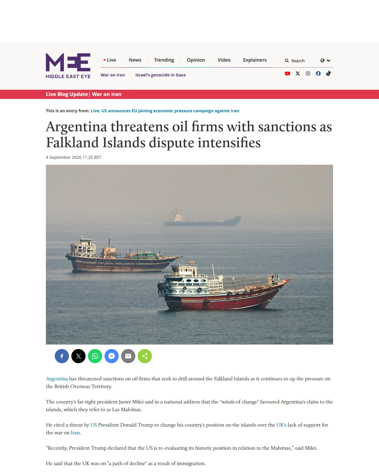 middleeasteye.net as published: Argentina threatens oil firms with sanctions as Falkland Islands dispute intensifies