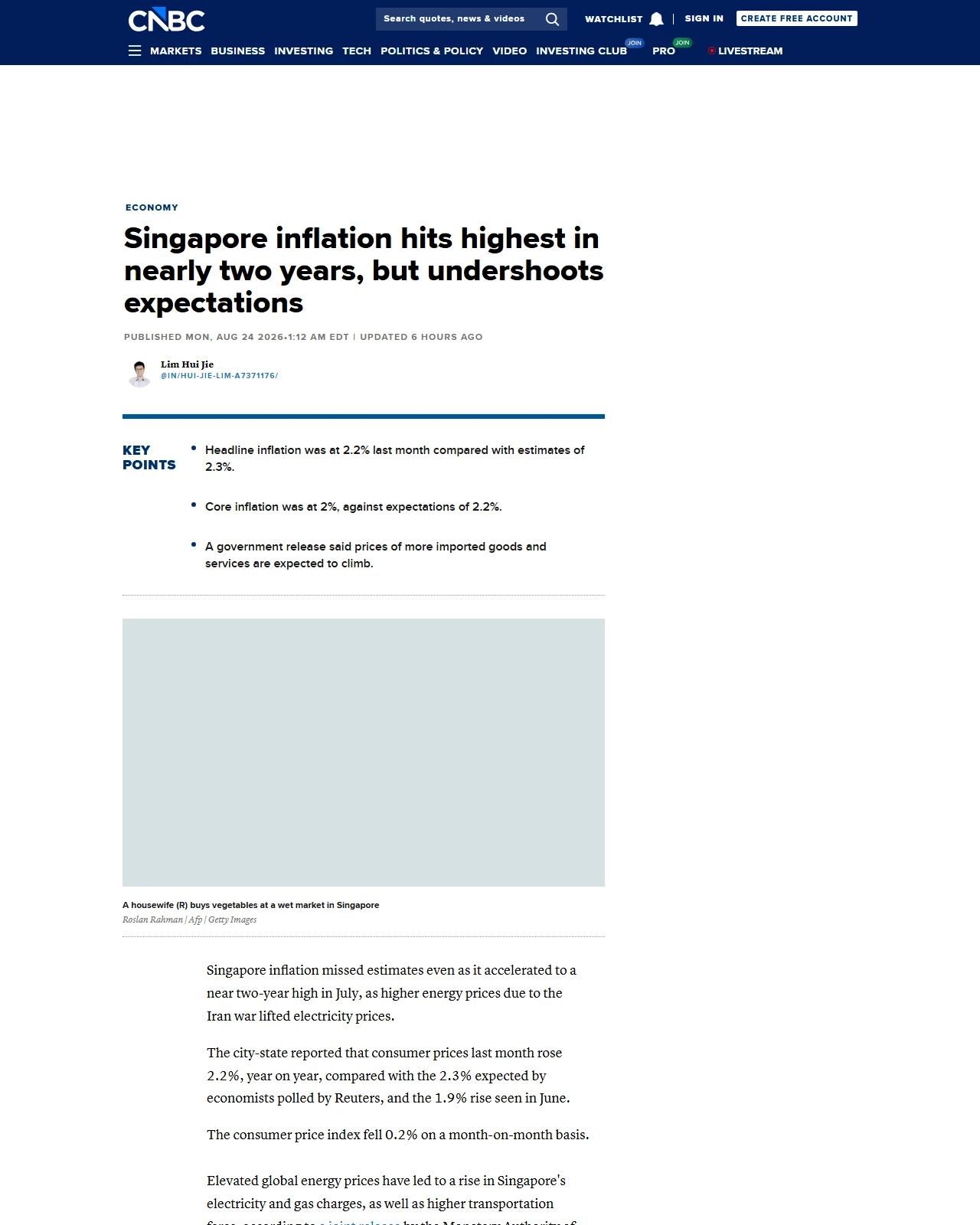 cnbc.com as published: Singapore inflation hits highest in nearly two years, but undershoots expectations