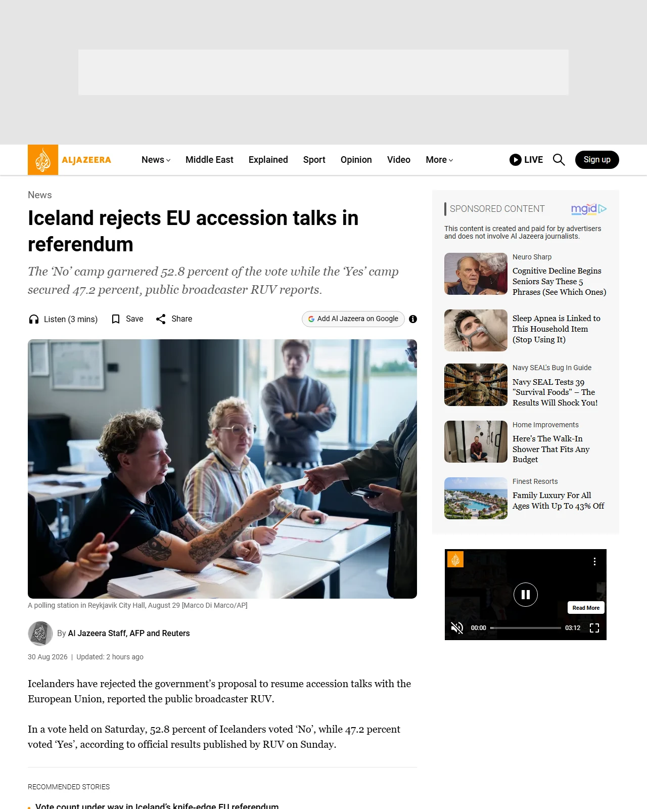 aljazeera.com as published: Iceland rejects EU accession talks in referendum