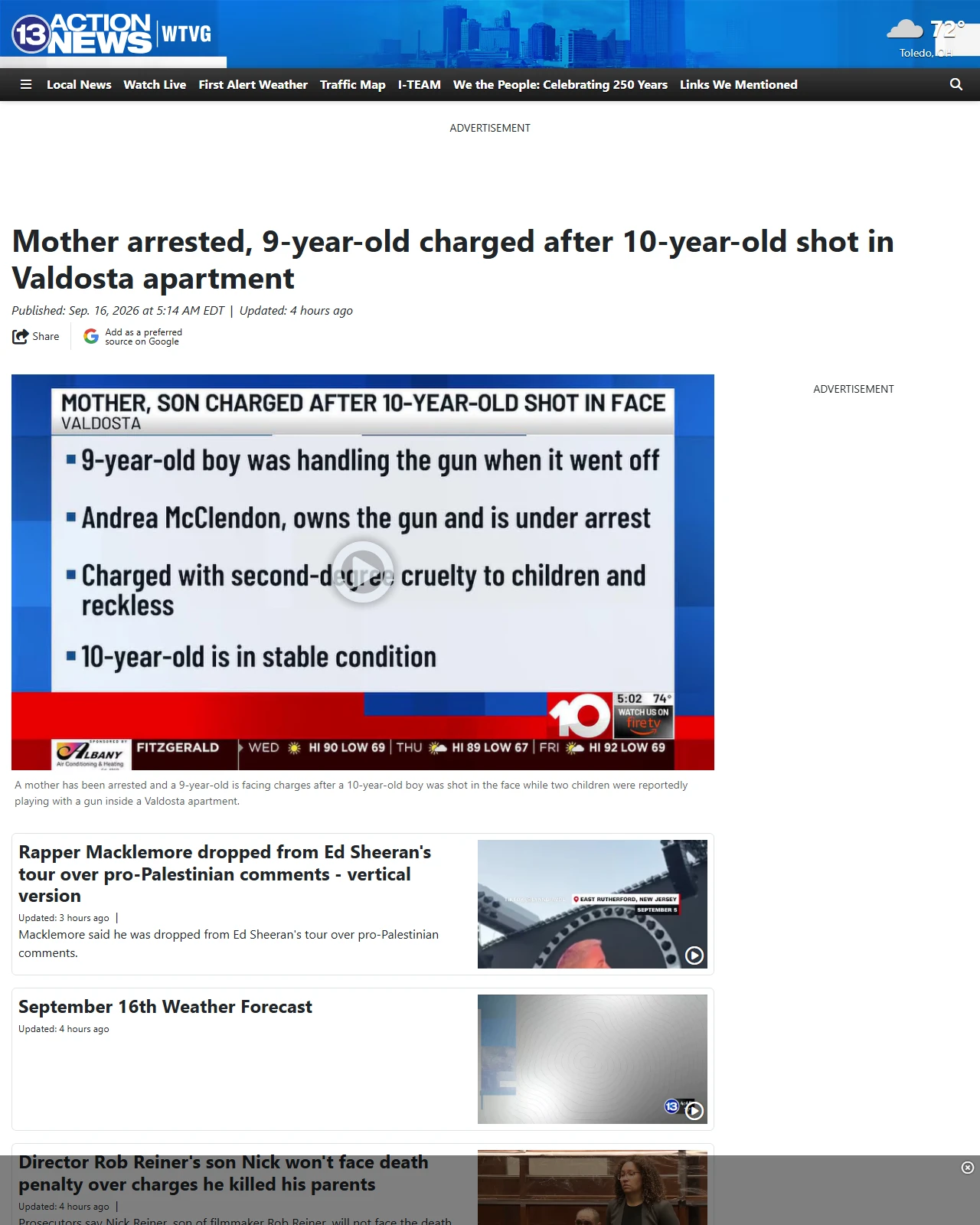 13abc.com as published: Mother arrested, 9-year-old charged after 10-year-old shot in Valdosta apartment