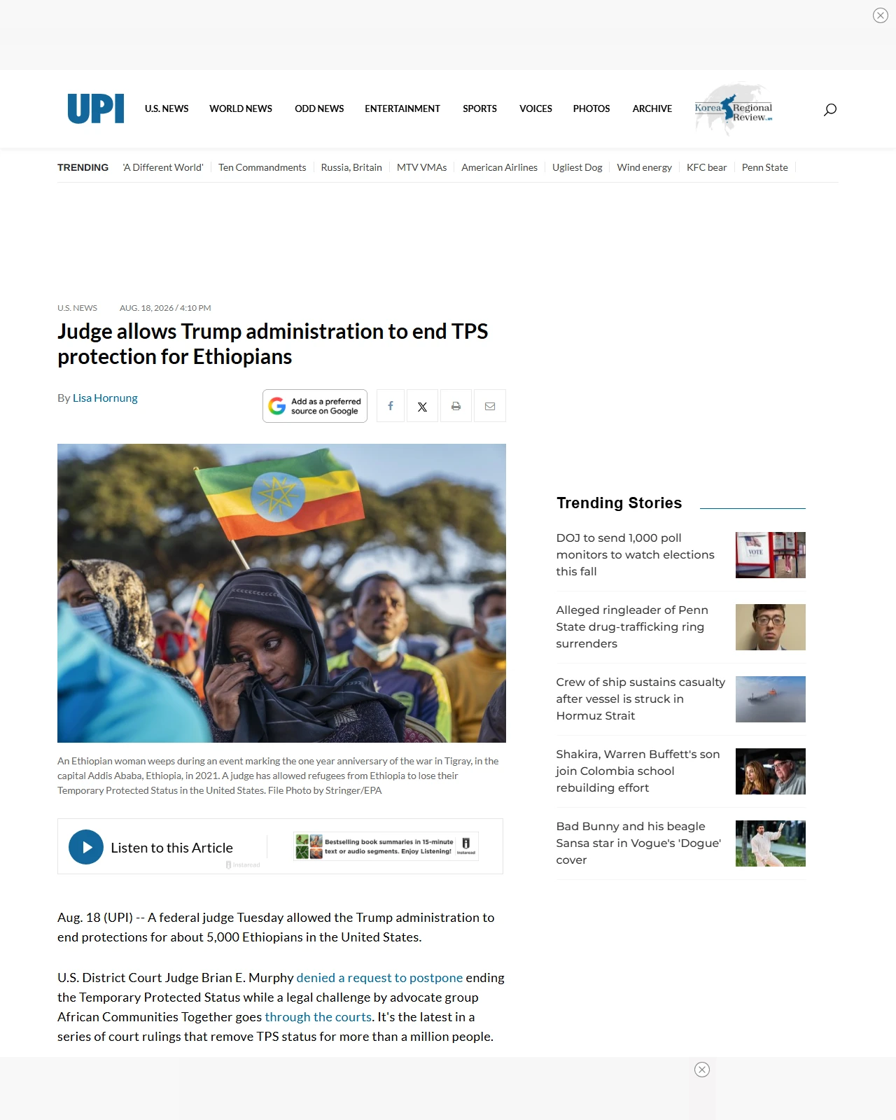 upi.com as published: Judge allows Trump administration to end TPS protection for Ethiopians