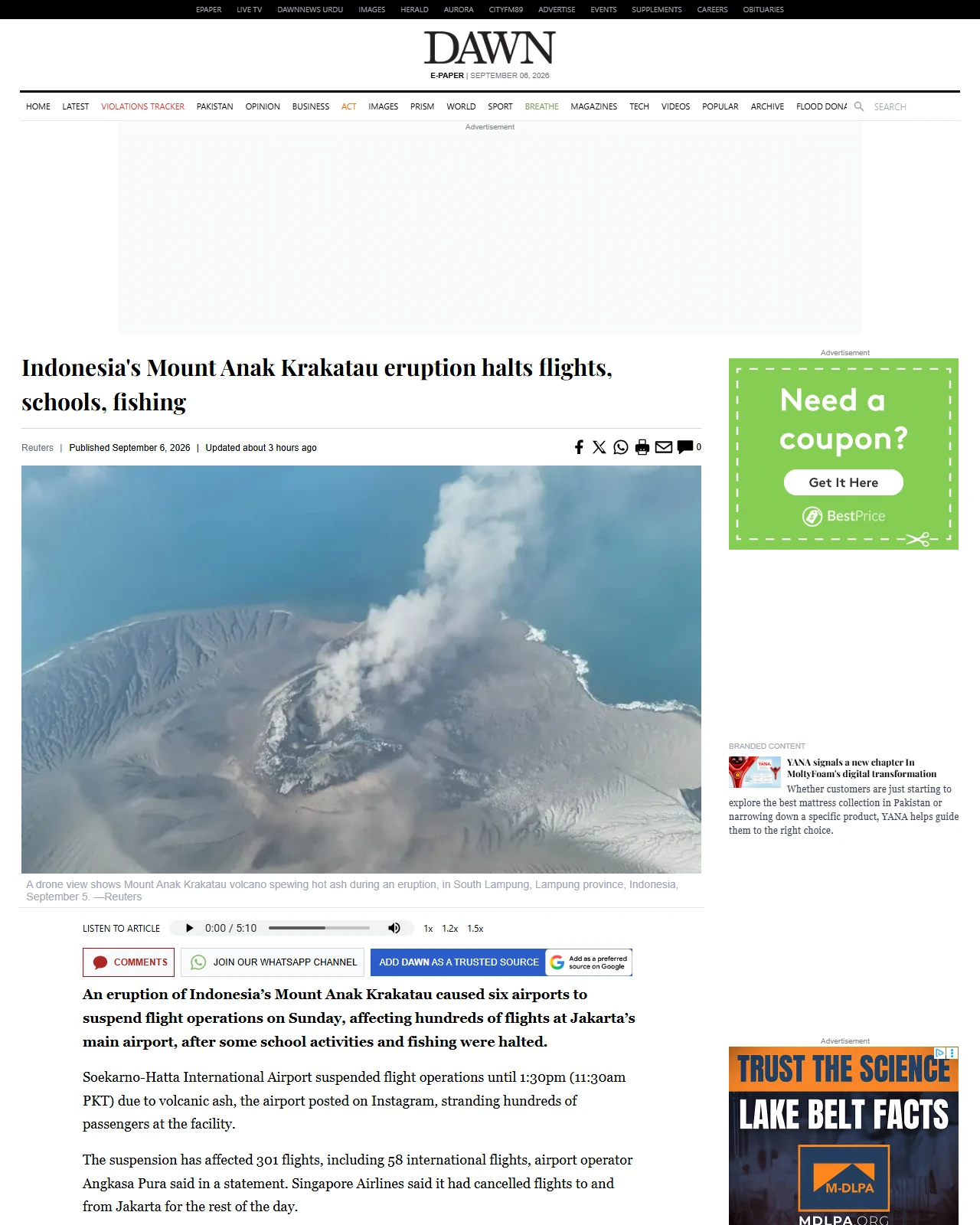 dawn.com as published: Indonesia's Mount Anak Krakatau eruption halts flights, schools, fishing