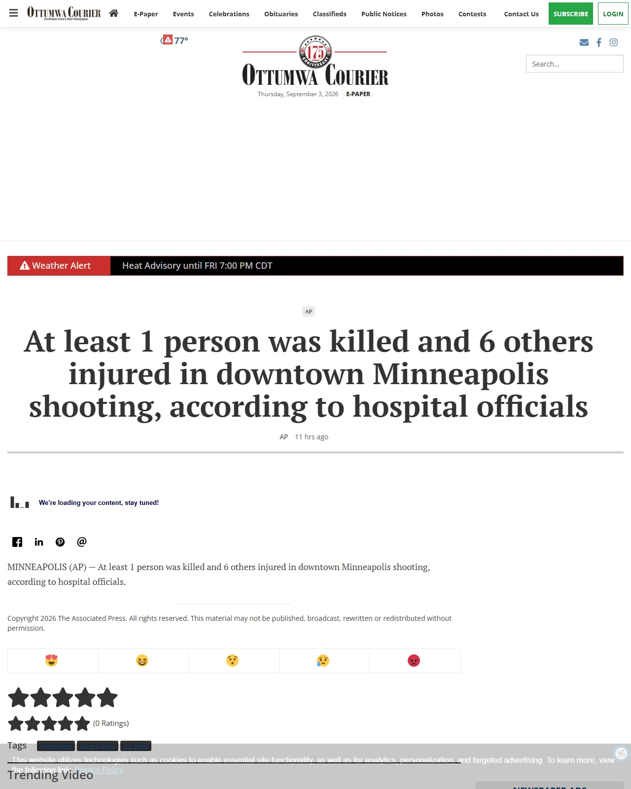 ottumwacourier.com as published: At least 1 person was killed and 6 others injured in downtown Minneapolis shooting, according to hospital officials