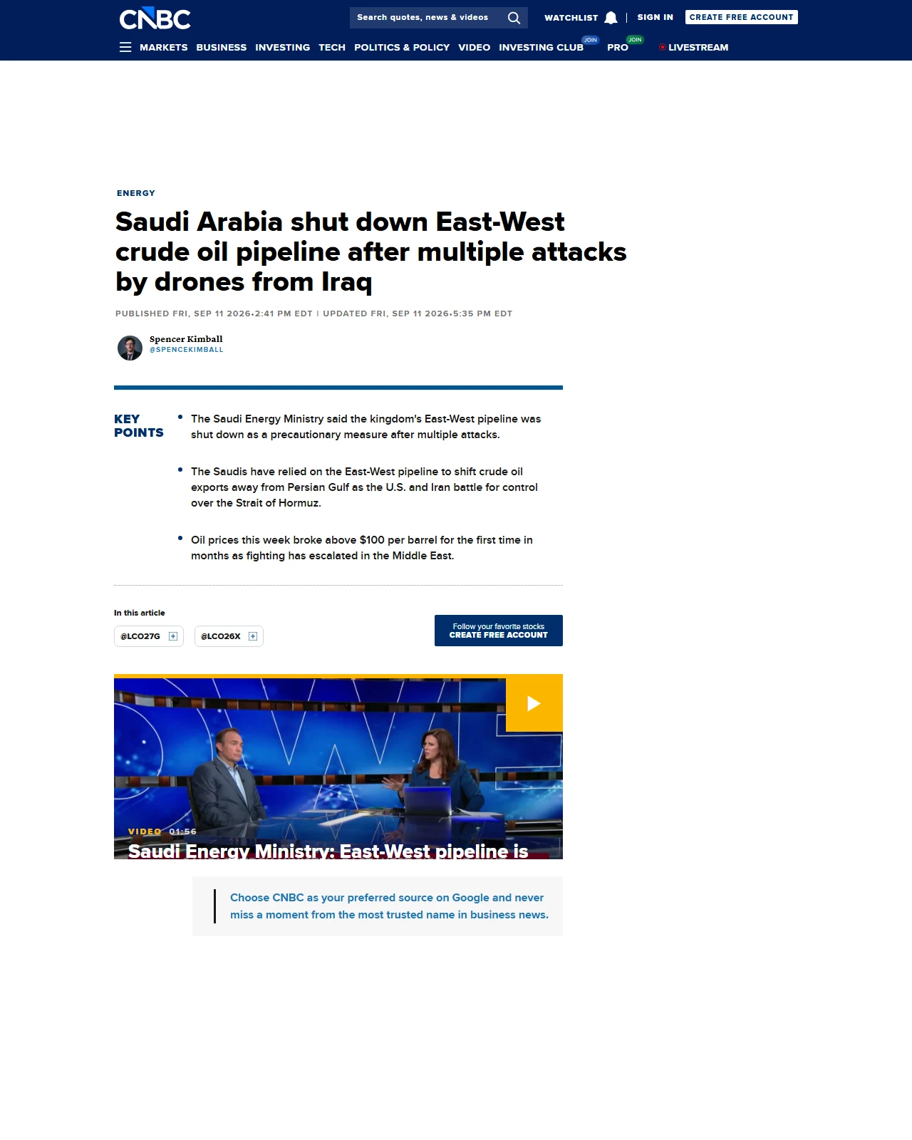 cnbc.com as published: Saudi Arabia shut down East-West crude oil pipeline after multiple attacks by drones from Iraq