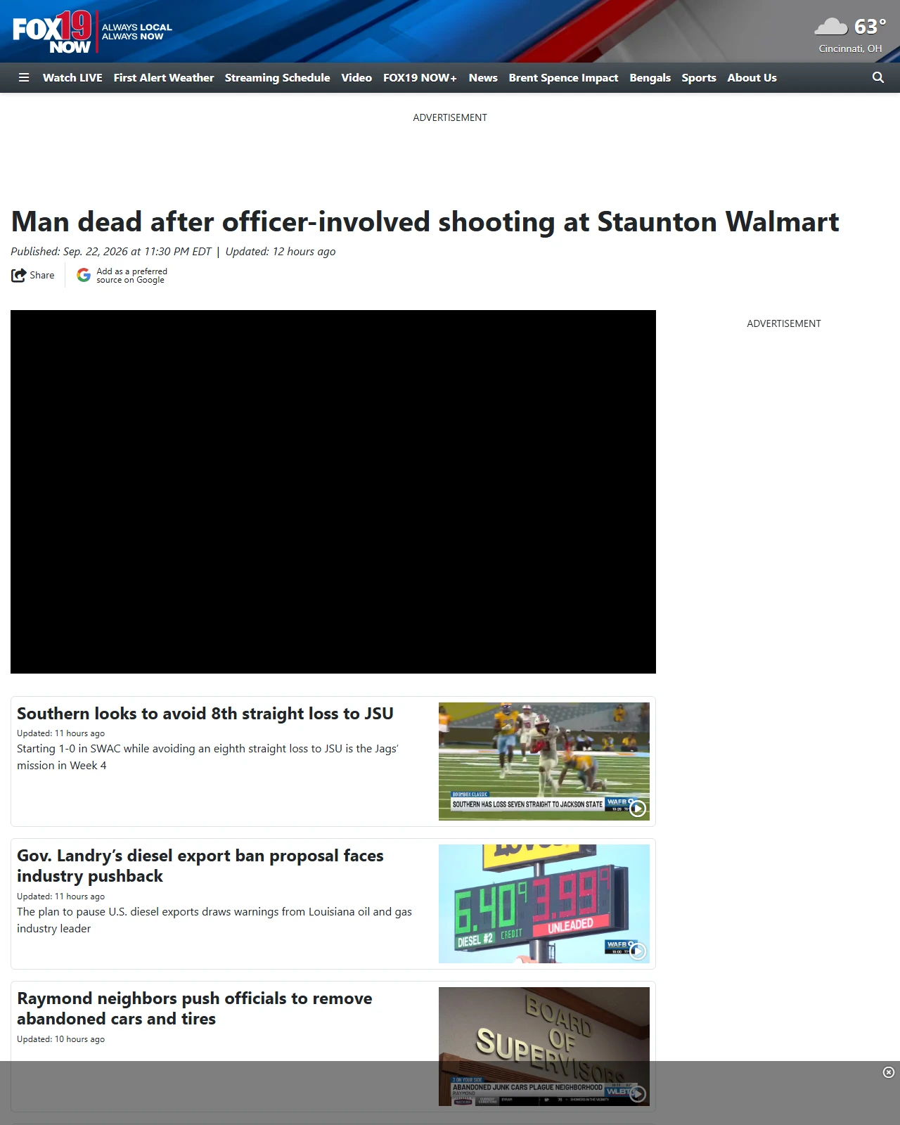 fox19.com as published: Man dead after officer-involved shooting at Staunton Walmart