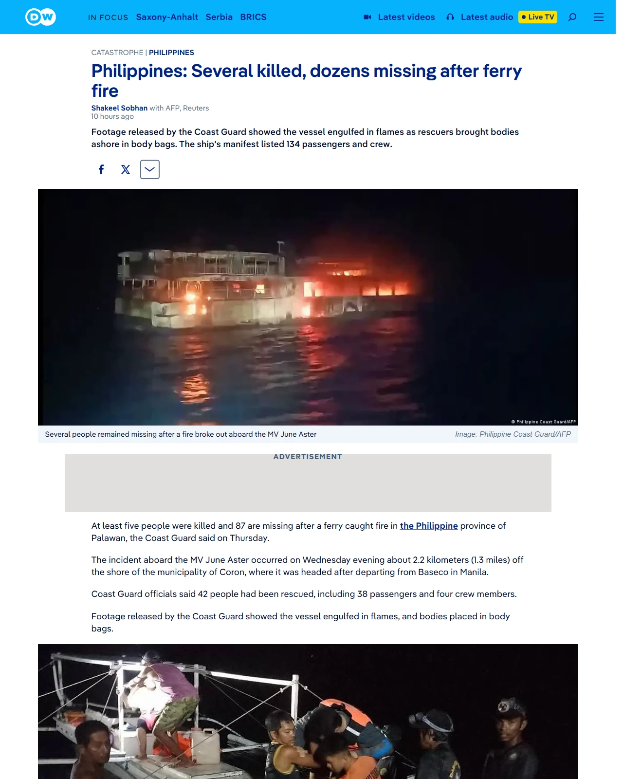 dw.com as published: Philippines: Several killed, dozens missing after fire on ferry