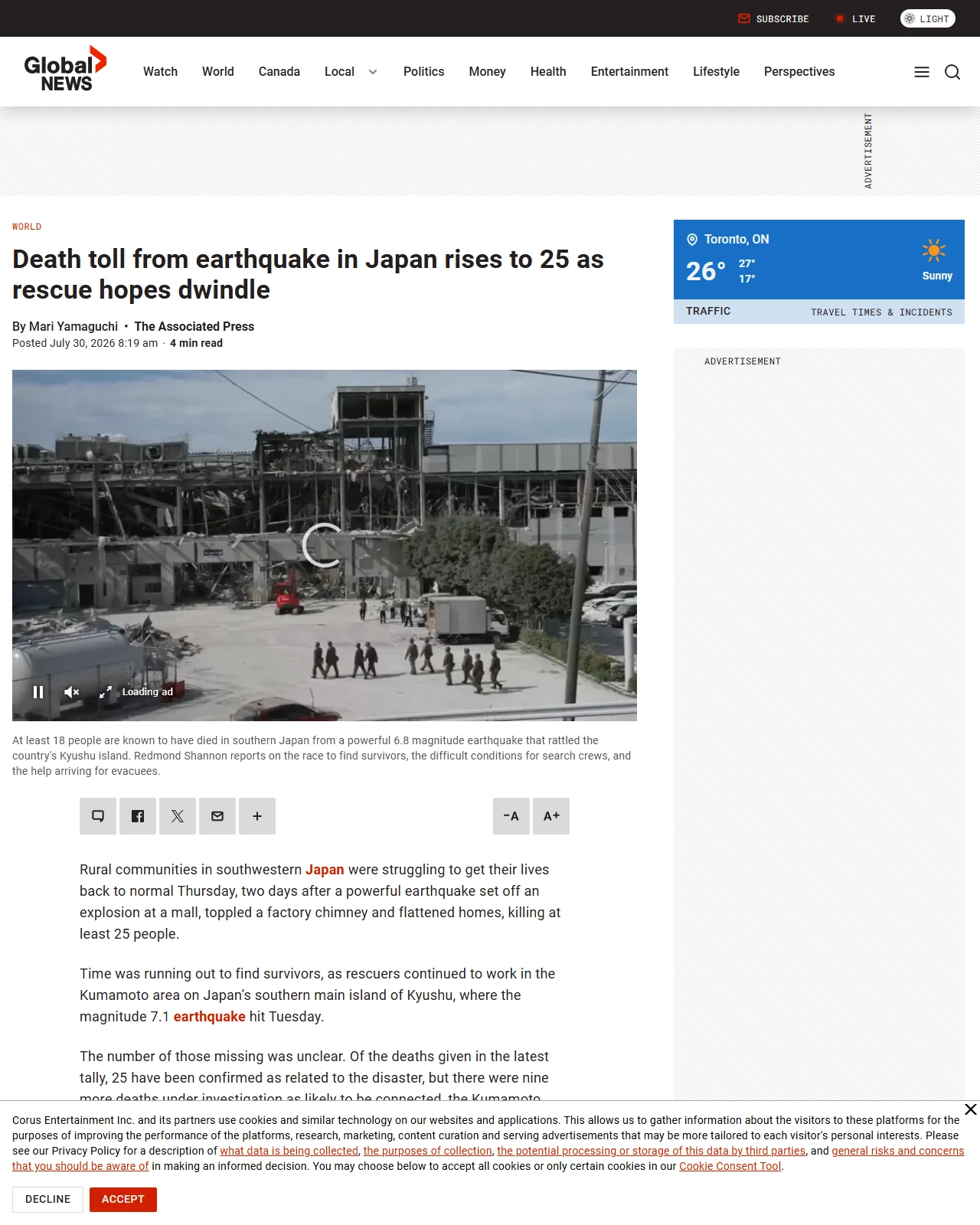 globalnews.ca as published: Death toll from earthquake in Japan rises to 25 as rescue hopes dwindle