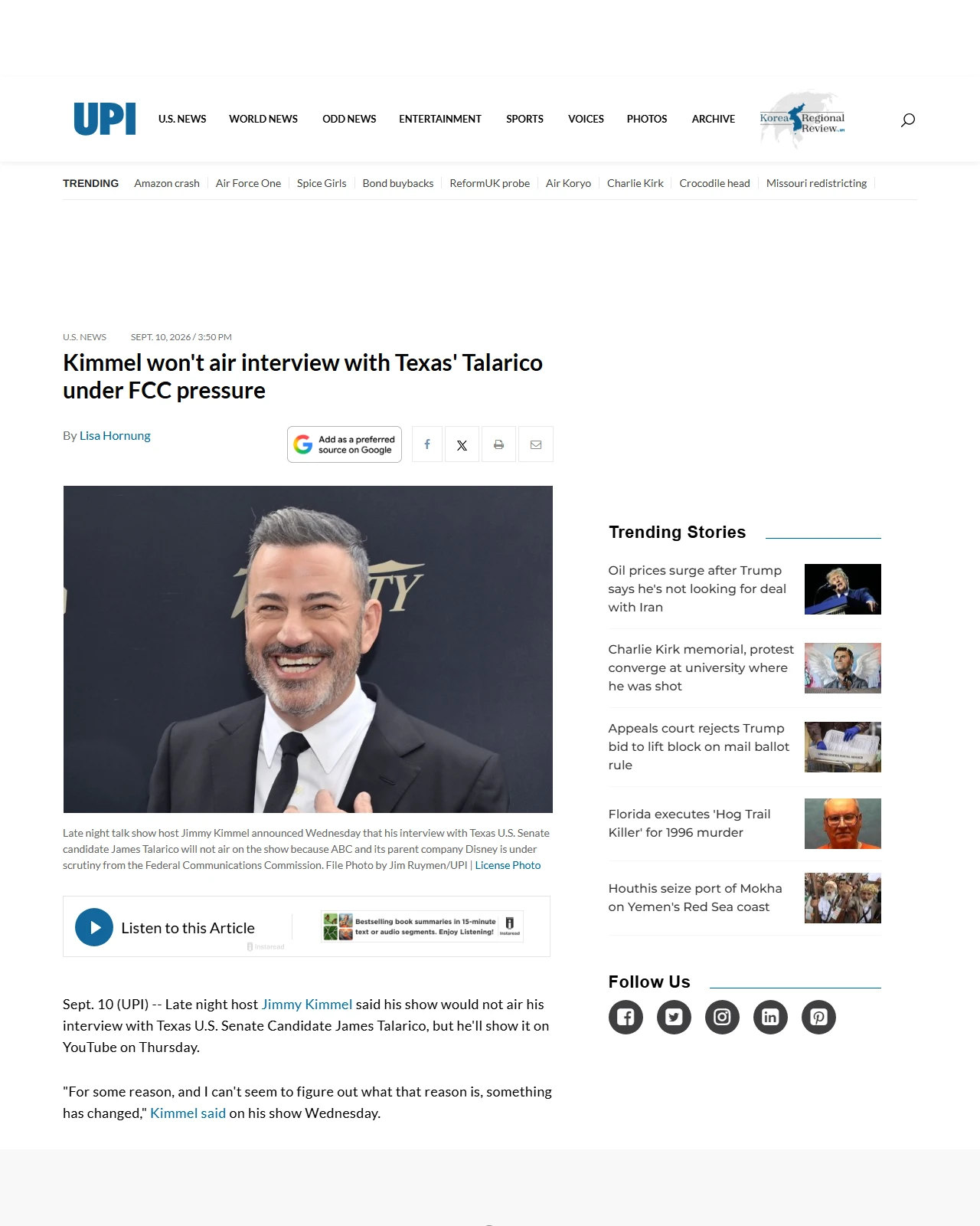 upi.com as published: Kimmel won't air interview with Texas' Talarico under FCC pressure