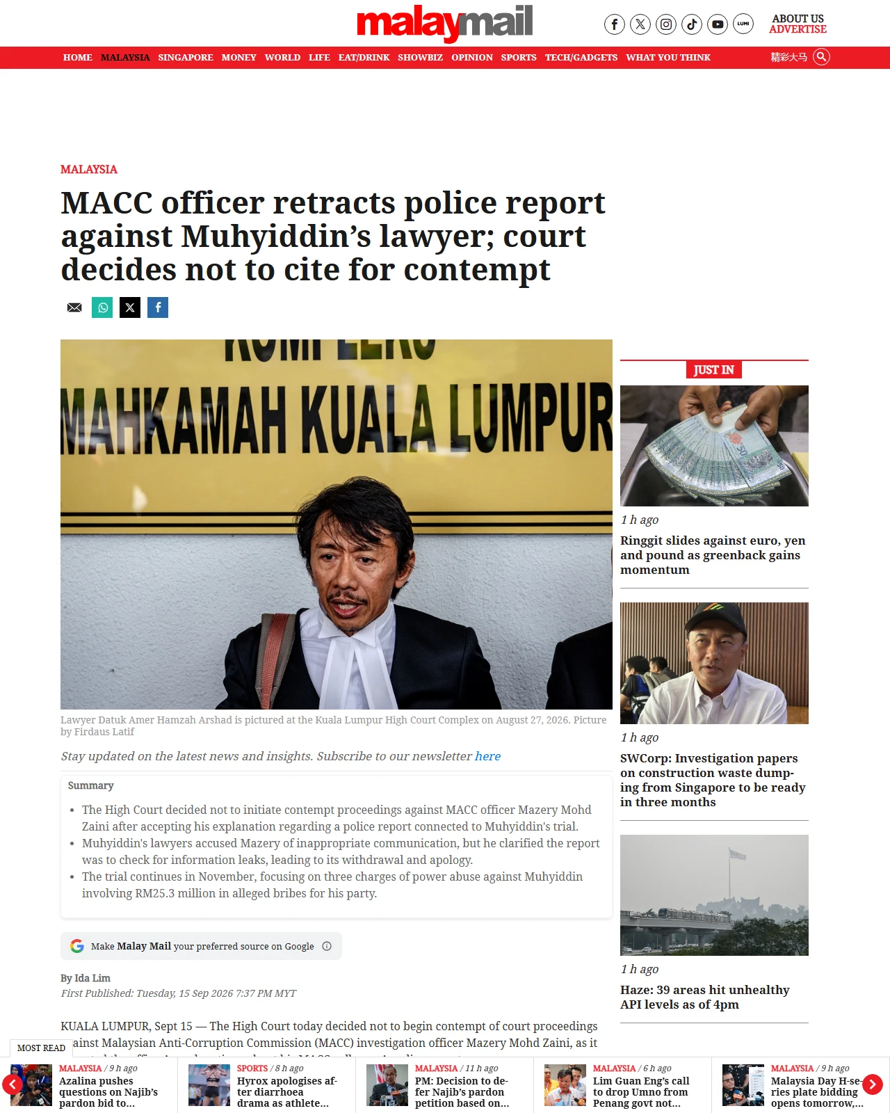 malaymail.com as published: MACC officer retracts police report against Muhyiddin’s lawyer; court decides not to cite for contempt