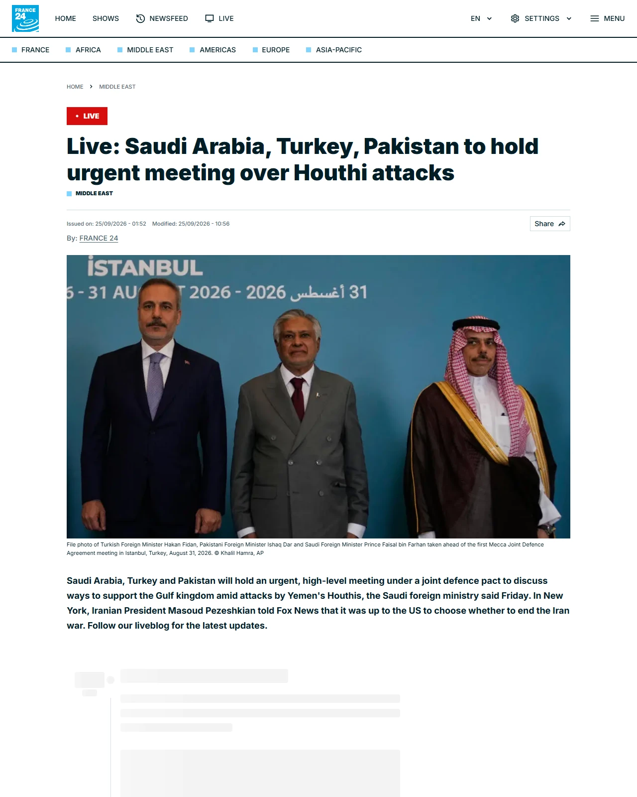s.france24.com as published: Live: Saudi Arabia, Turkey, Pakistan to hold urgent meeting over Houthi attacks