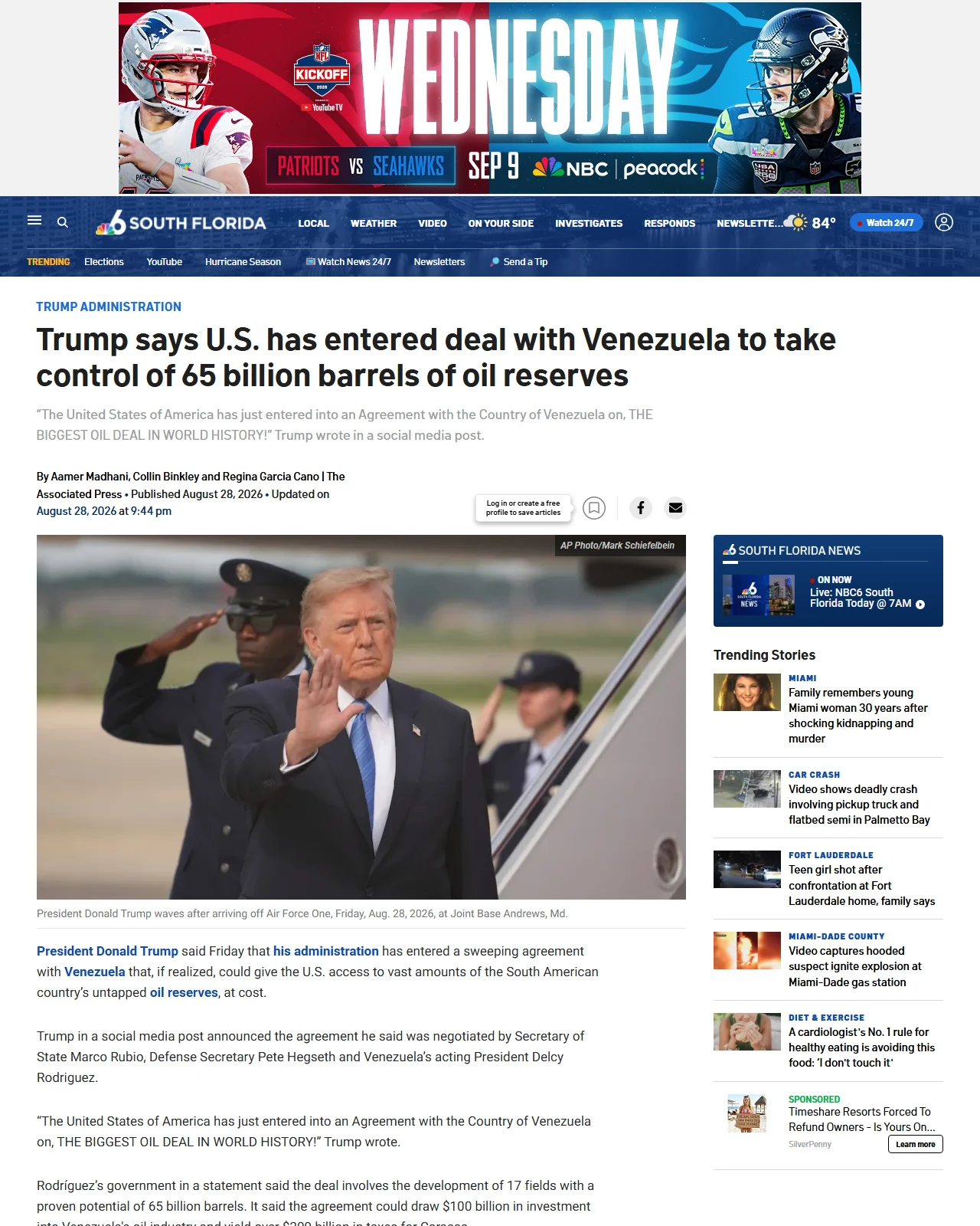 nbcmiami.com as published: Trump says U.S. has entered deal with Venezuela to take control of 65 billion barrels of oil reserves