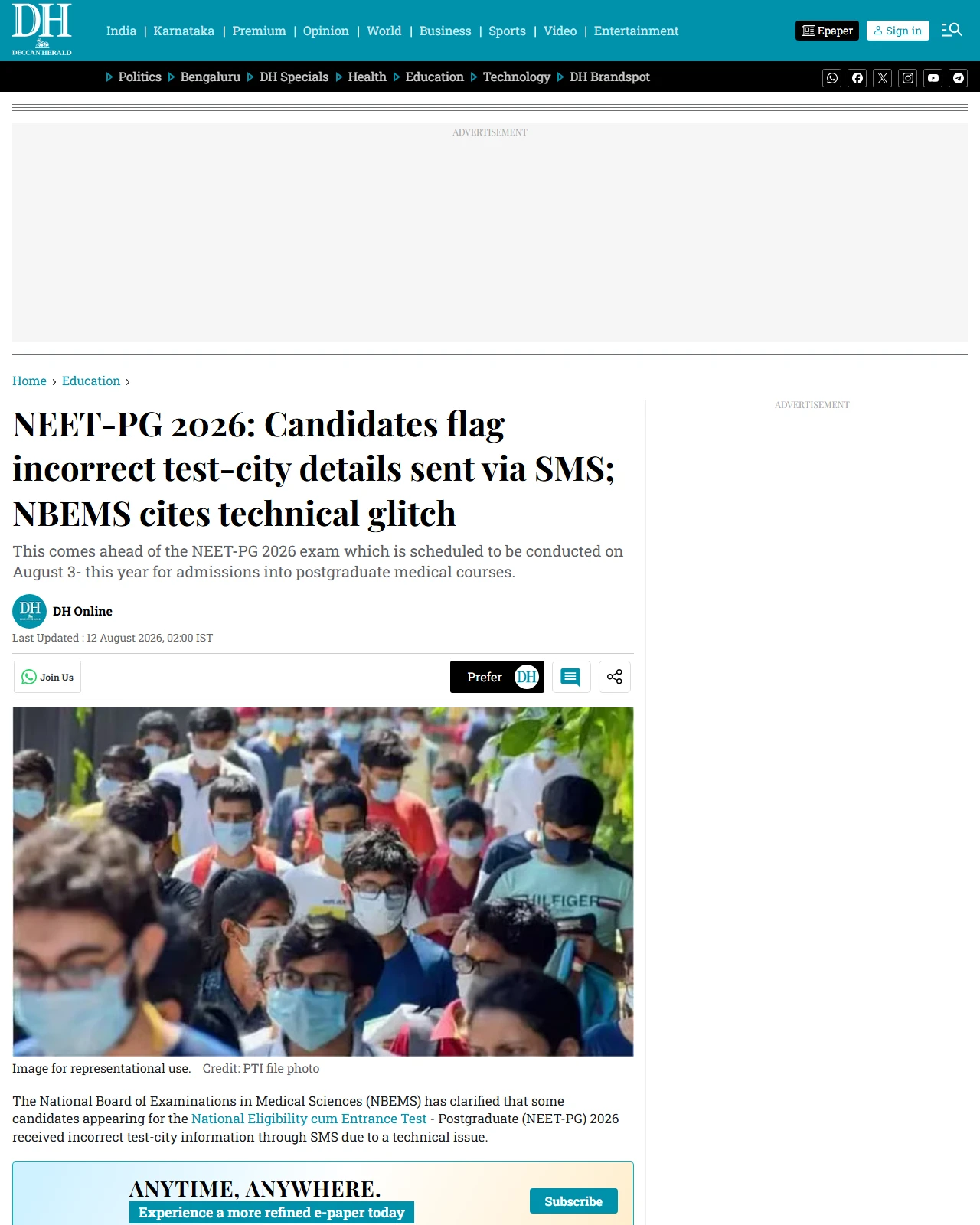deccanherald.com as published: NEET-PG 2026: Candidates flag incorrect test-city details sent via SMS; NBEMS cites technical glitch