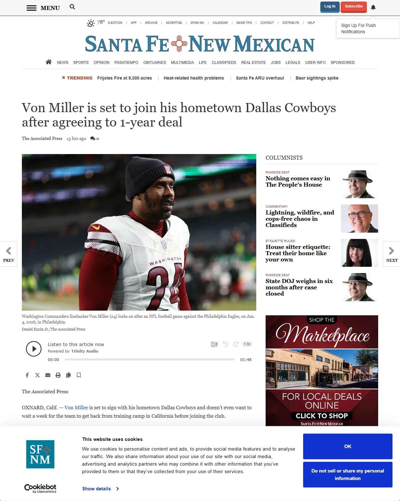 santafenewmexican.com as published: Von Miller is set to join his hometown Dallas Cowboys after agreeing to 1-year deal