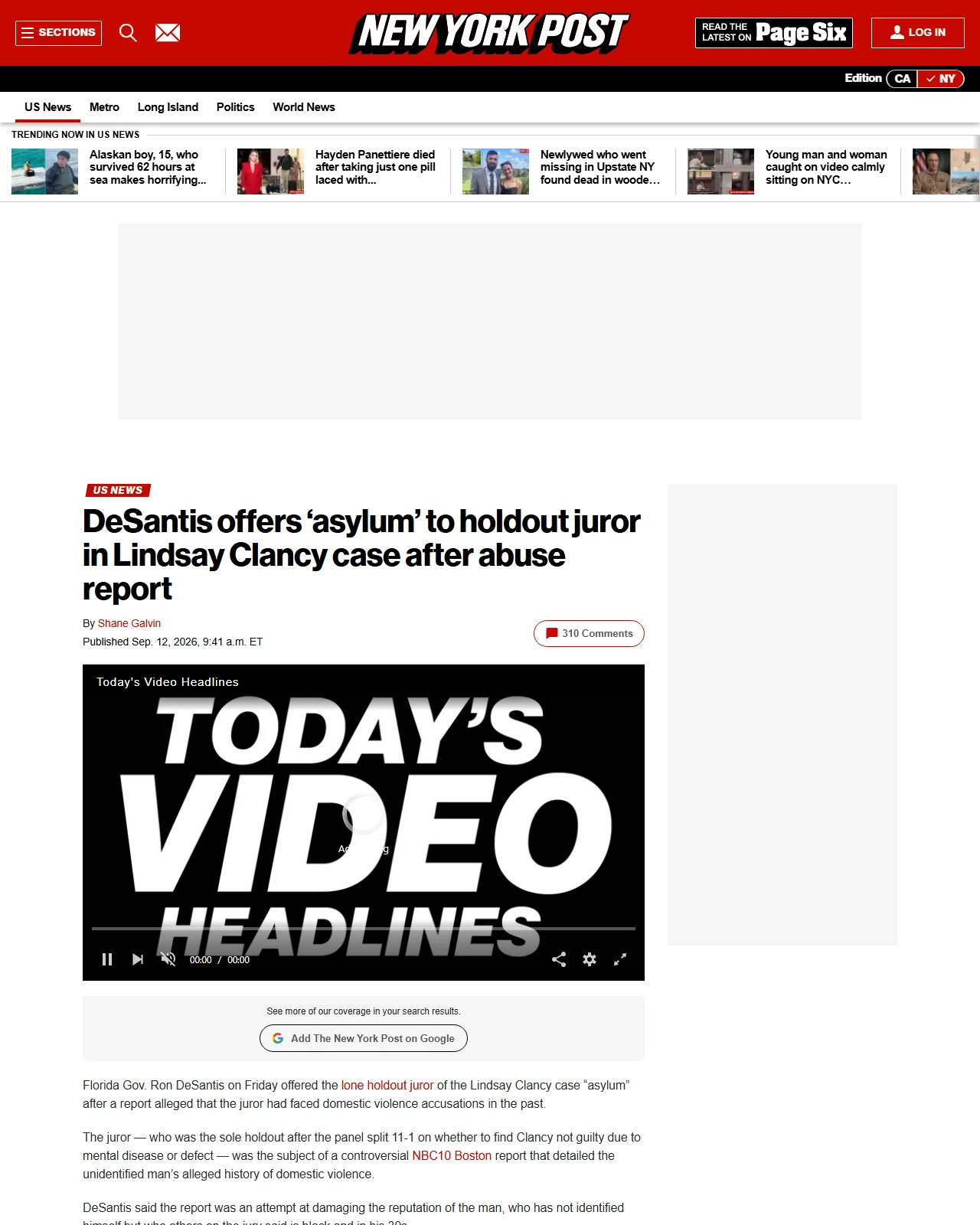nypost.com as published: DeSantis offers ‘asylum’ to holdout juror in Lindsay Clancy case after abuse report