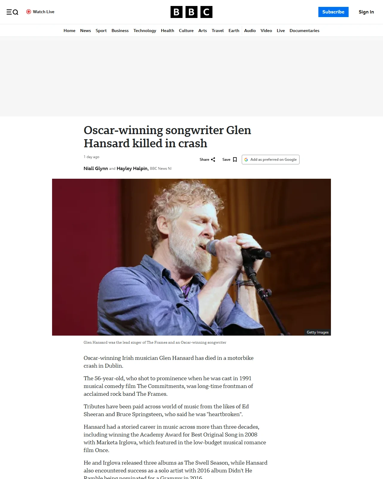 bbc.co.uk as published: Oscar-winning songwriter Glen Hansard killed in crash