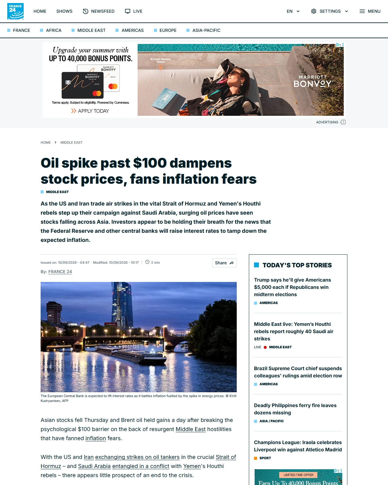 s.france24.com as published: Oil spike past $100 dampens stock prices, fans inflation fears