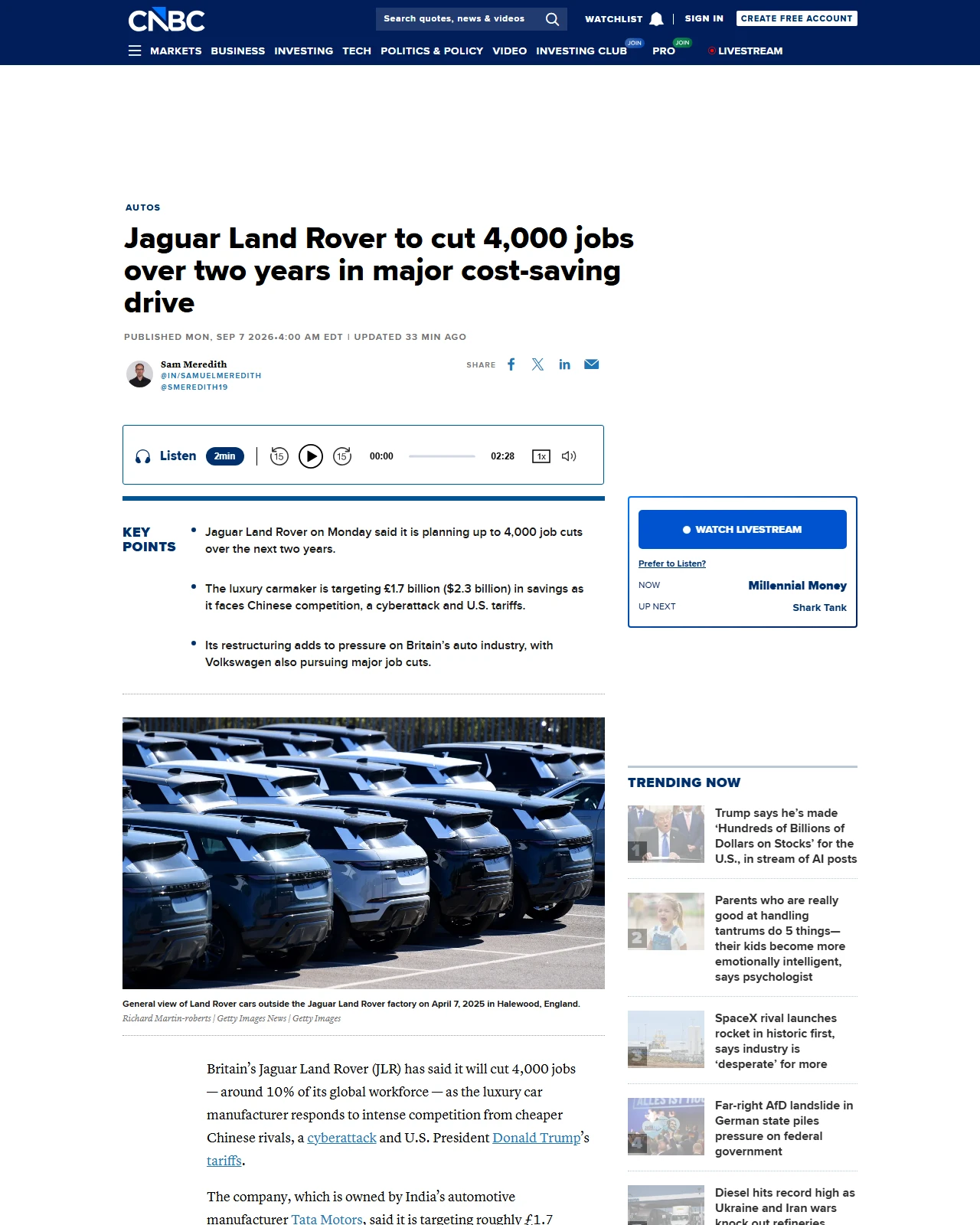 cnbc.com as published: Jaguar Land Rover to cut 4,000 jobs over two years in major cost-saving drive