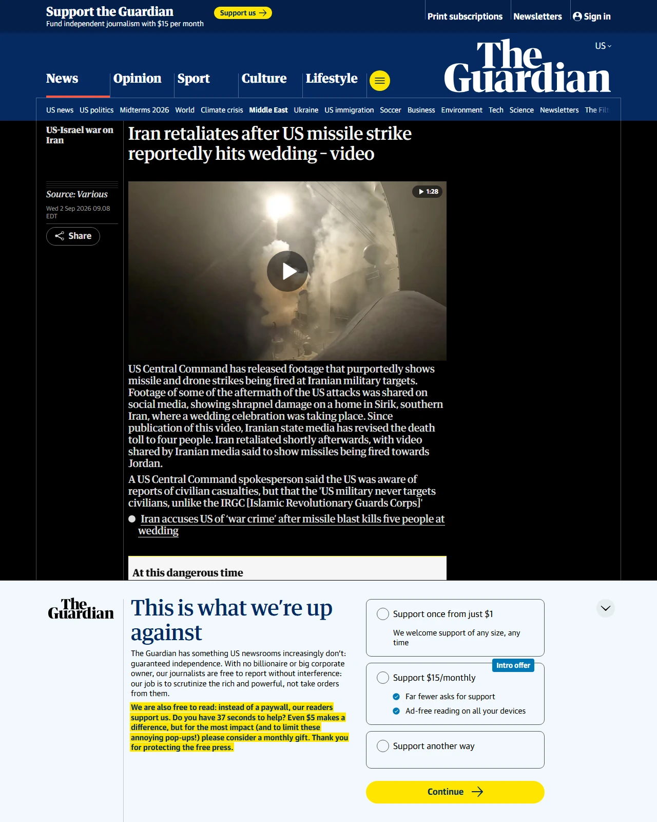 theguardian.com as published: Iran retaliates after US missile strike reportedly hits wedding – video