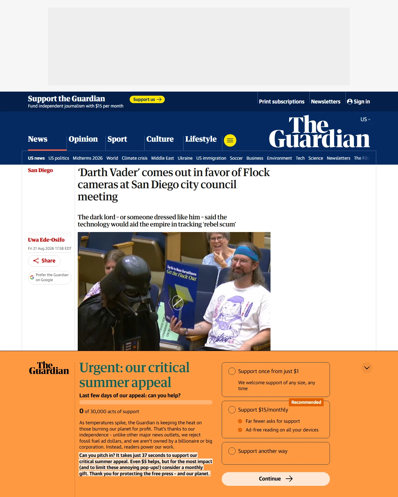 theguardian.com as published: ‘Darth Vader’ comes out in favor of Flock cameras at San Diego city council meeting