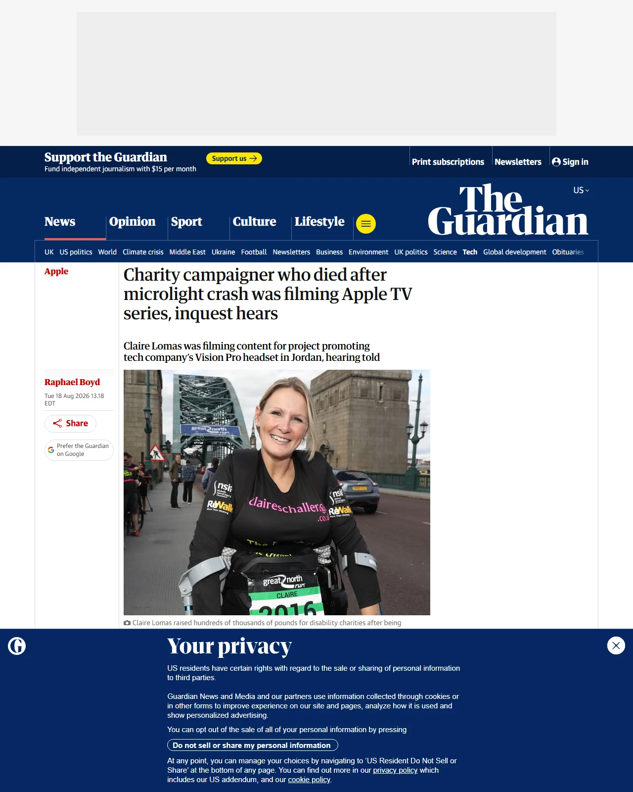theguardian.com as published: Charity campaigner who died after microlight crash was filming Apple TV series, inquest hears