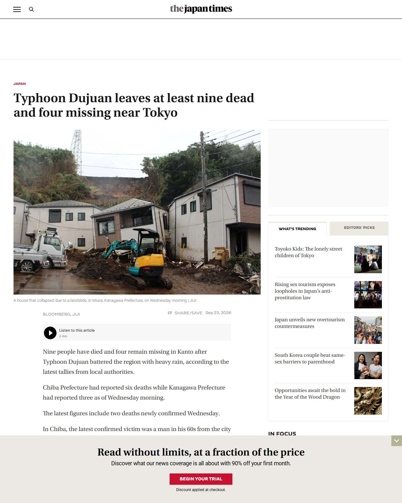 japantimes.co.jp as published: Typhoon Dujuan leaves at least nine dead and four missing near Tokyo