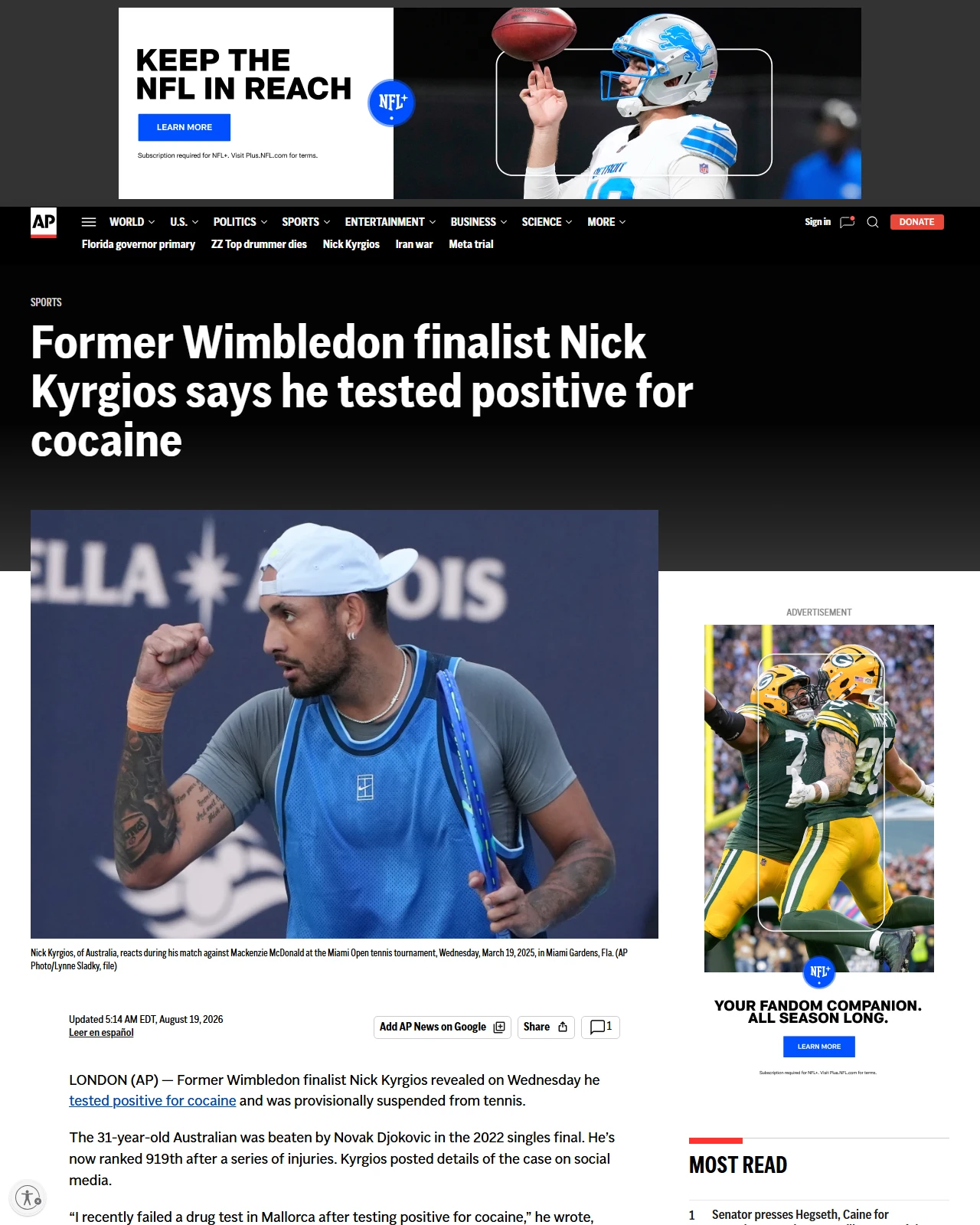 apnews.com as published: Former Wimbledon finalist Nick Kyrgios says he tested positive for cocaine