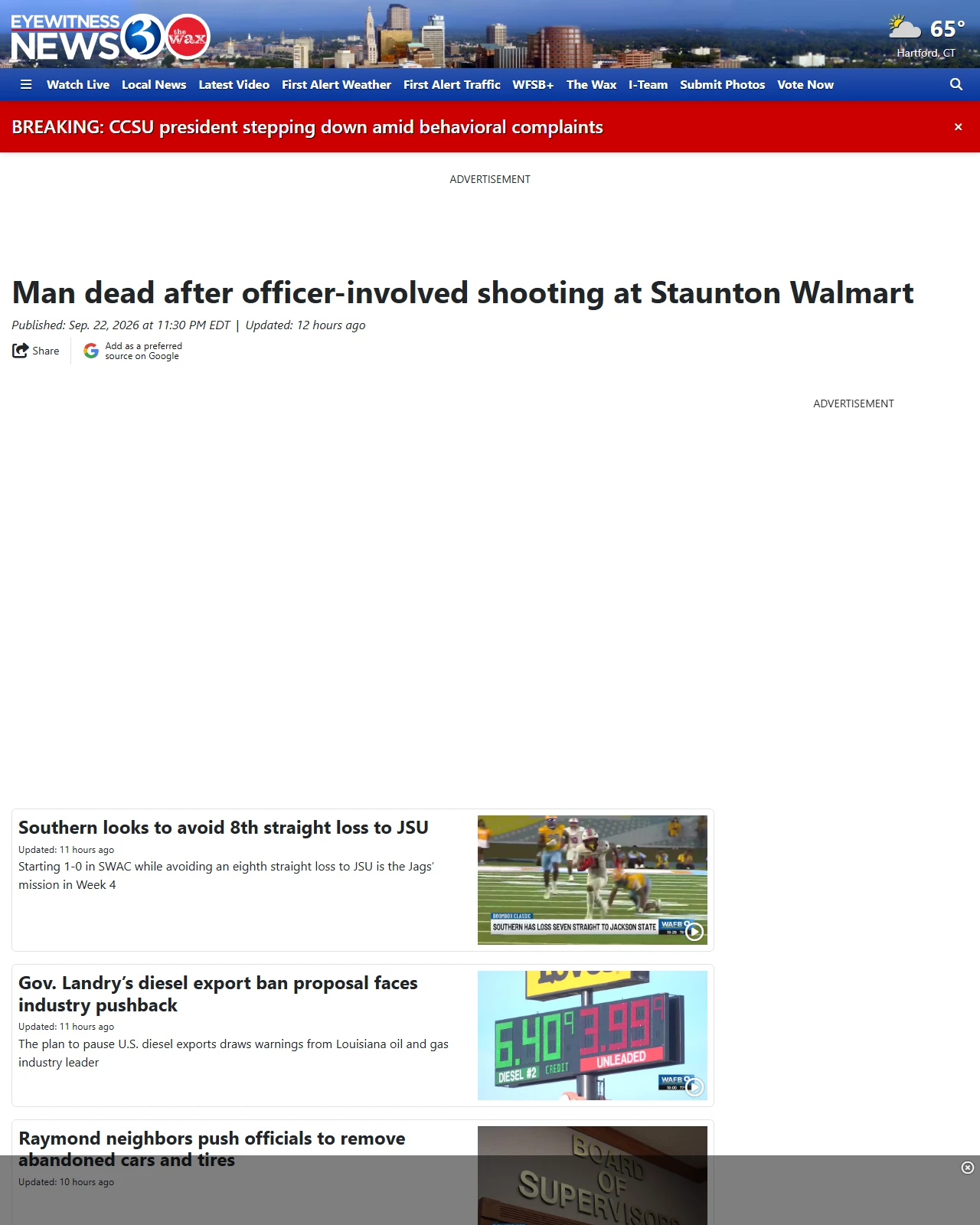 wfsb.com as published: Man dead after officer-involved shooting at Staunton Walmart