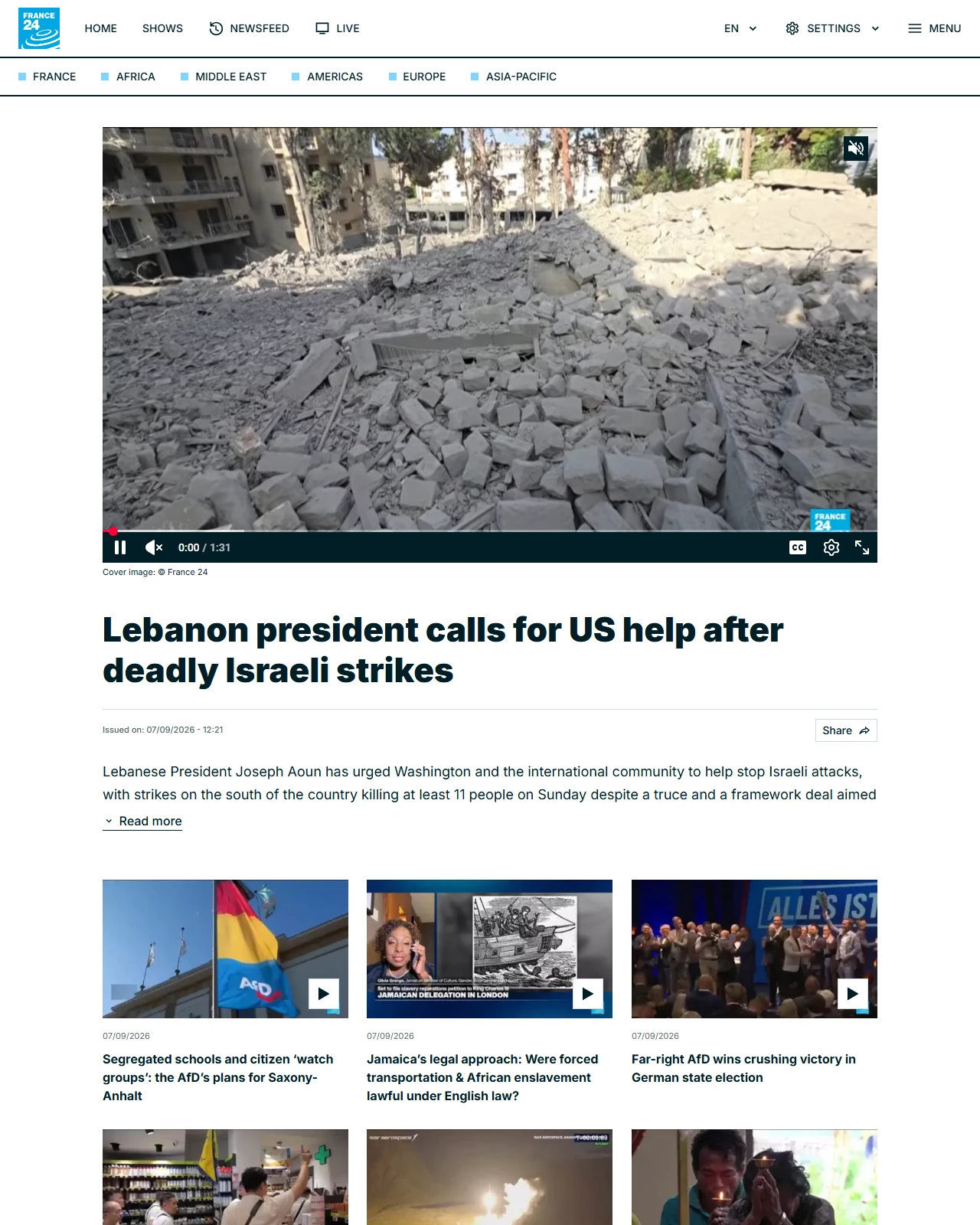 france24.com as published: Lebanon president calls for US help after deadly Israeli strikes
