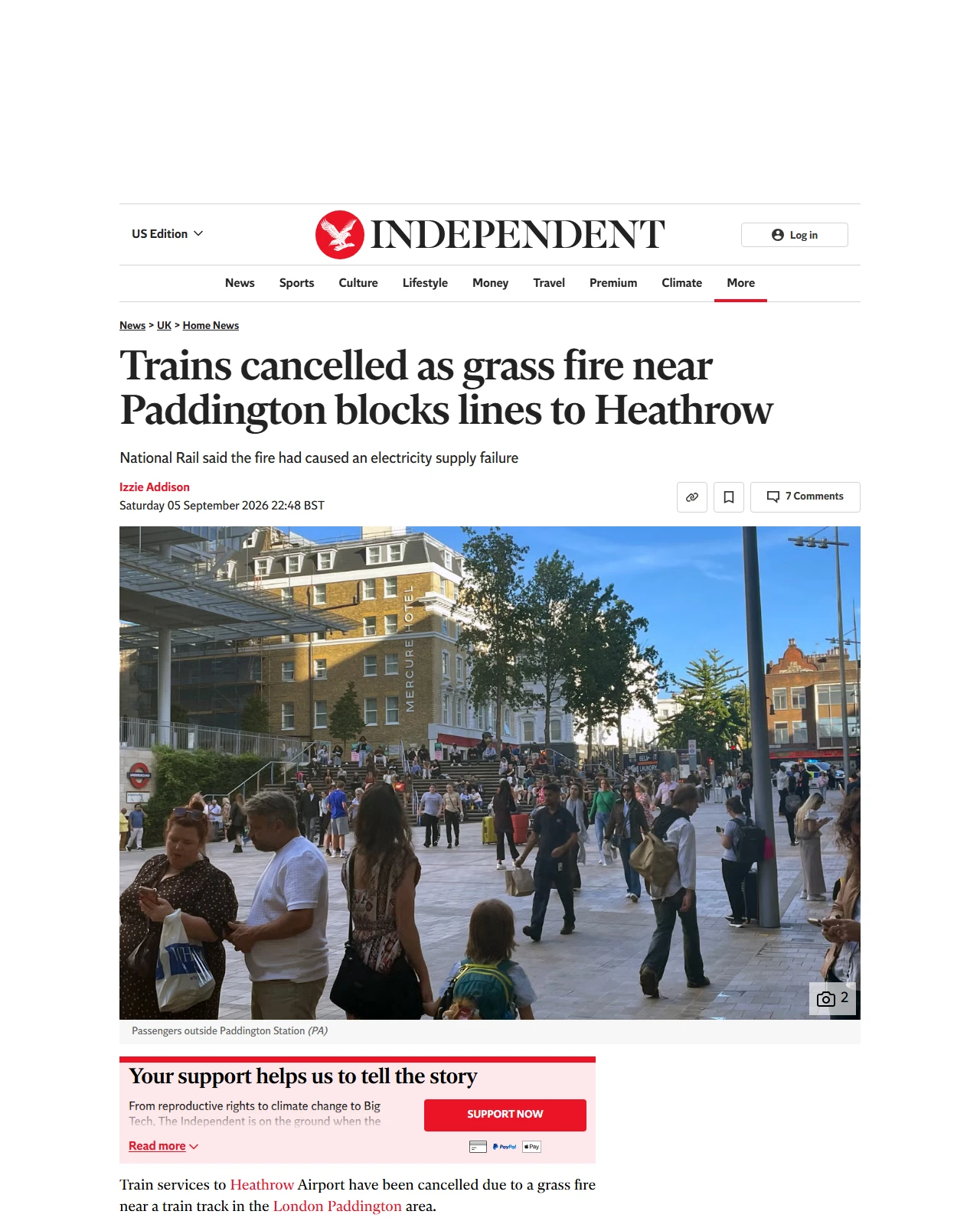 independent.co.uk as published: Trains cancelled as grass fire near Paddington blocks lines to Heathrow