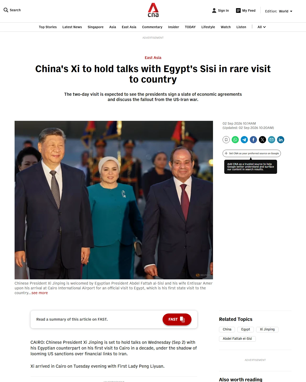 channelnewsasia.com as published: China's Xi to hold talks with Egypt's Sisi in rare visit to country