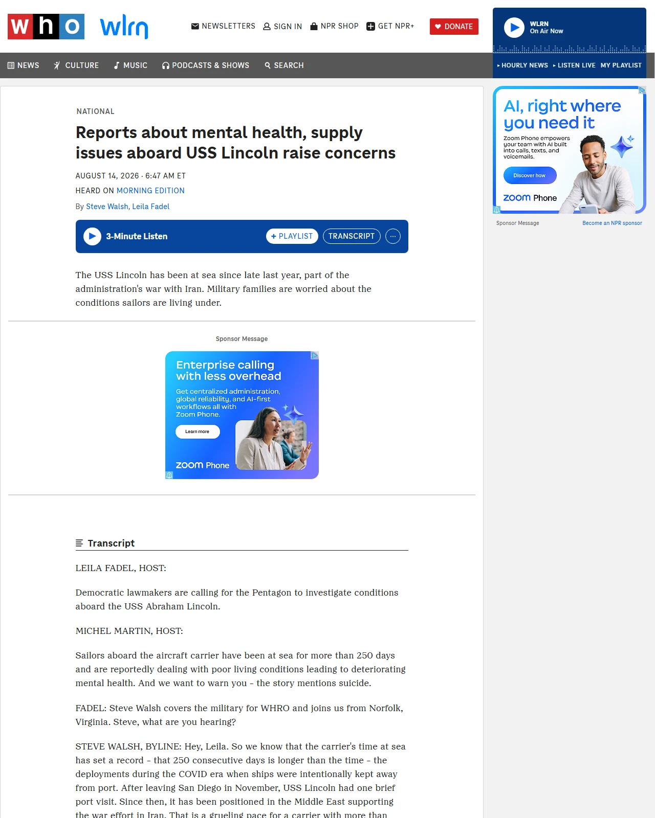 npr.org as published: Reports about mental health, supply issues aboard USS Lincoln raise concerns