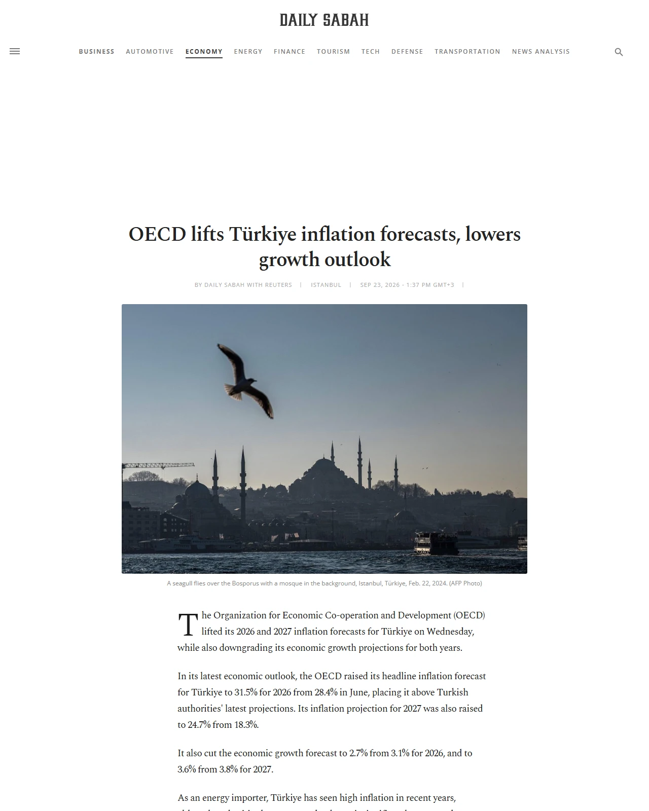 dailysabah.com as published: OECD lifts Türkiye inflation forecasts, lowers growth outlook